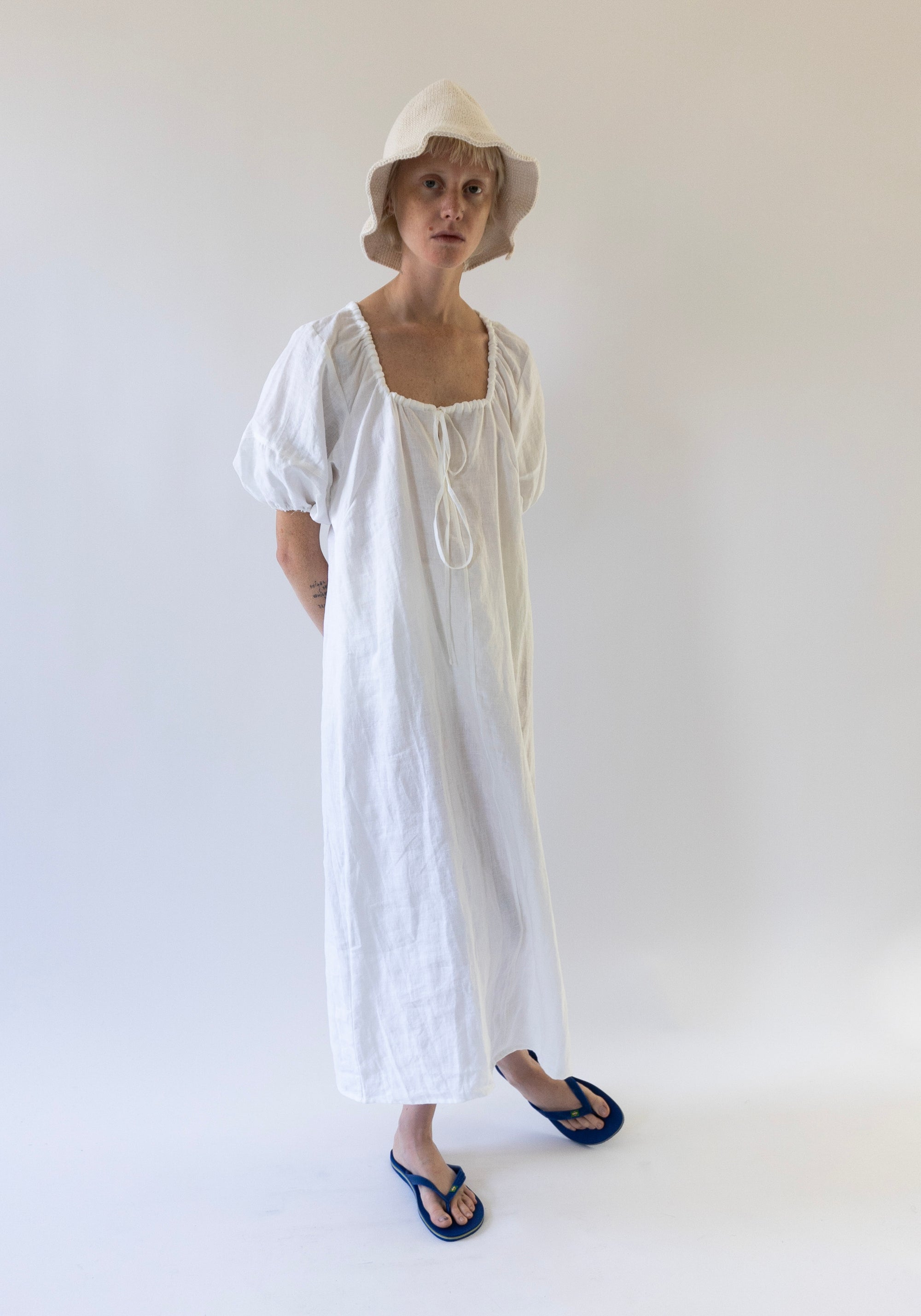 Curved Seam Midi Dress in White Linen