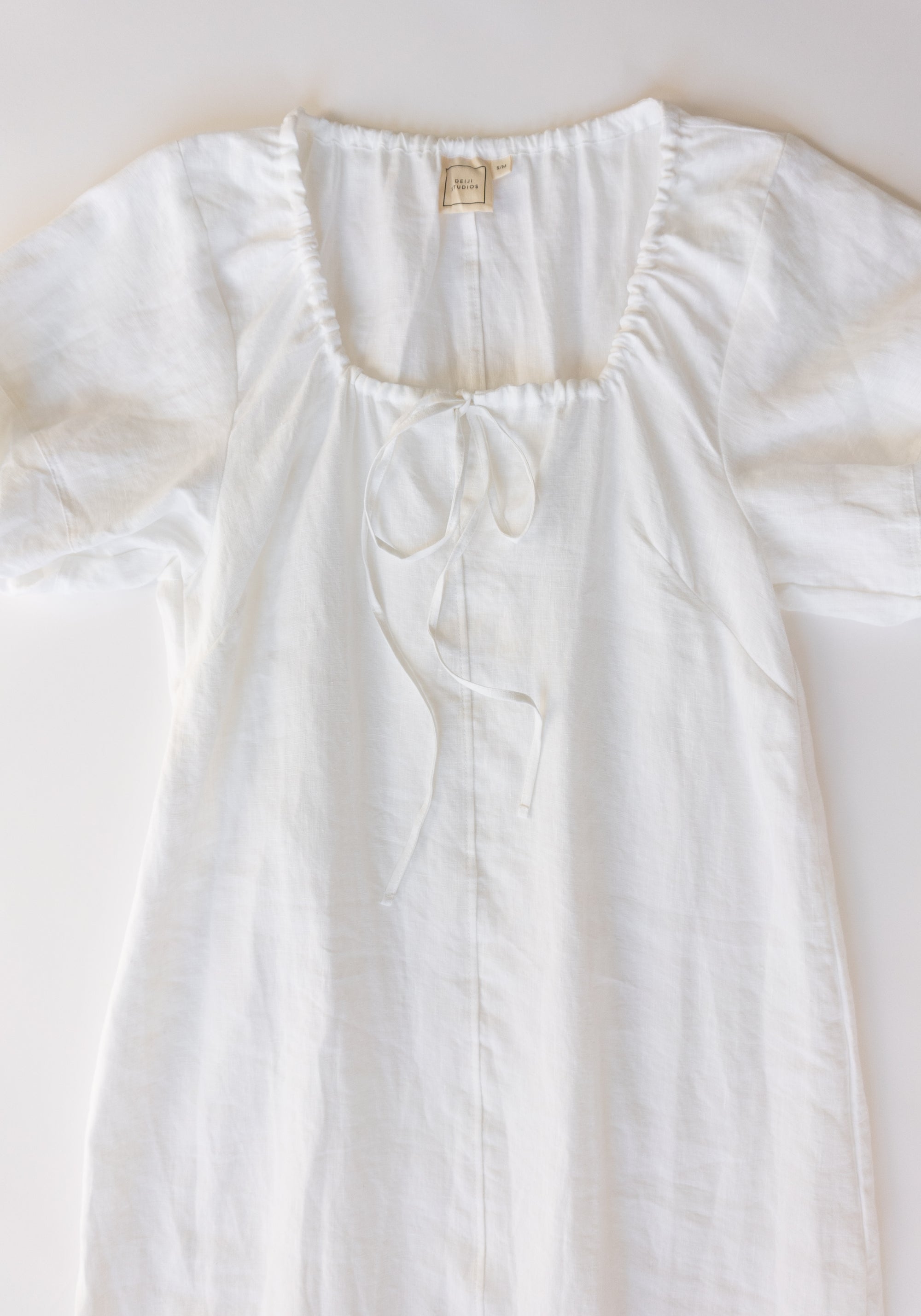 Curved Seam Midi Dress in White Linen