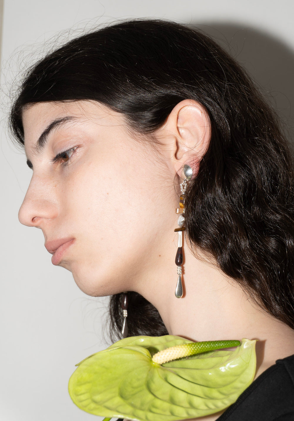 Annie Costello Brown Tiger and Shell Long Drop Earrings