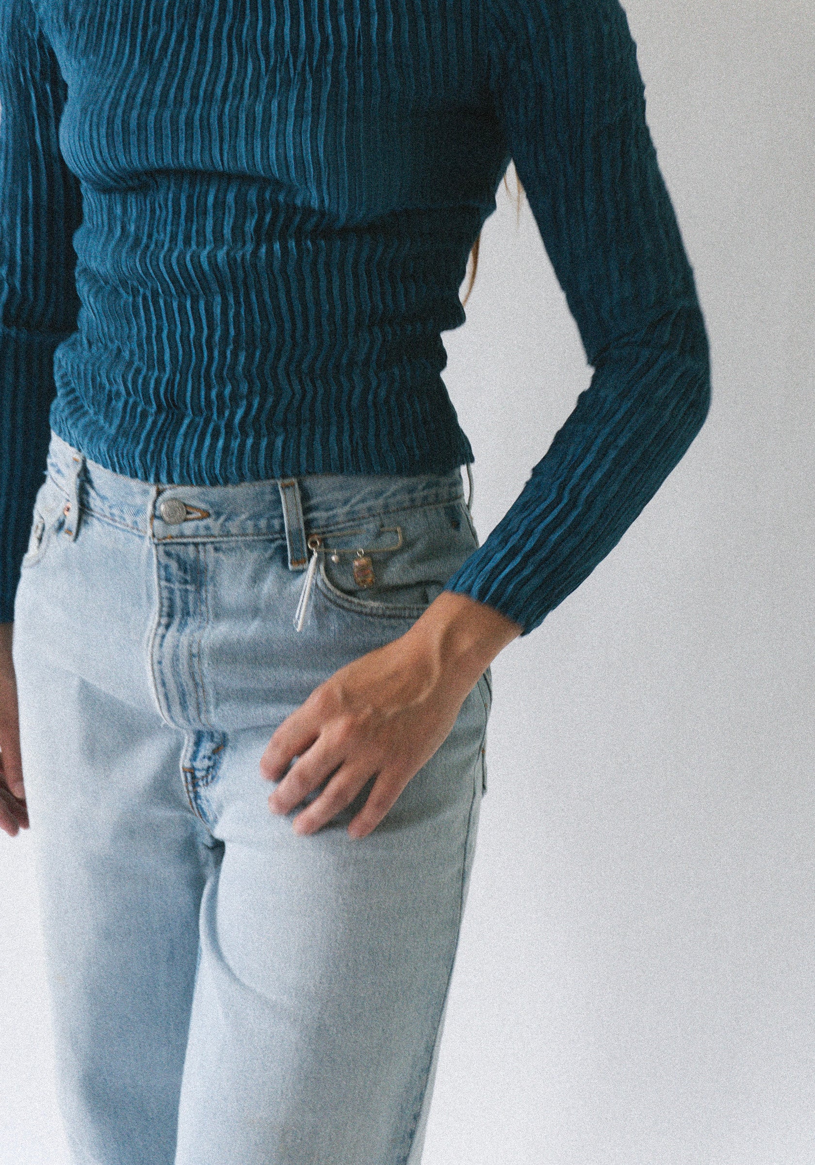 Azur Plissé Satin Silk Sleeve Top in Dark Indigo