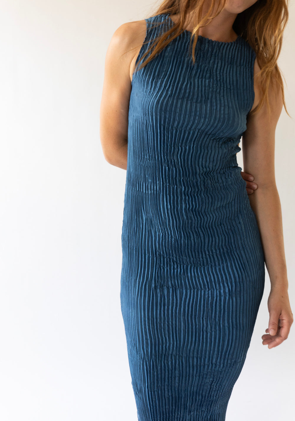 Azur Plissé Satin Silk Tank Long Dress in Dark Indigo