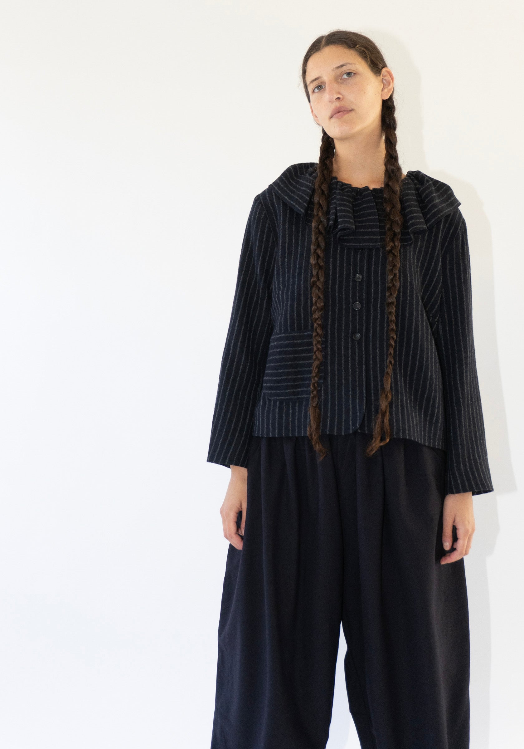 Cawley Japanese Striped Bouchle Ruffle Lillie Jacket in Navy and Grey