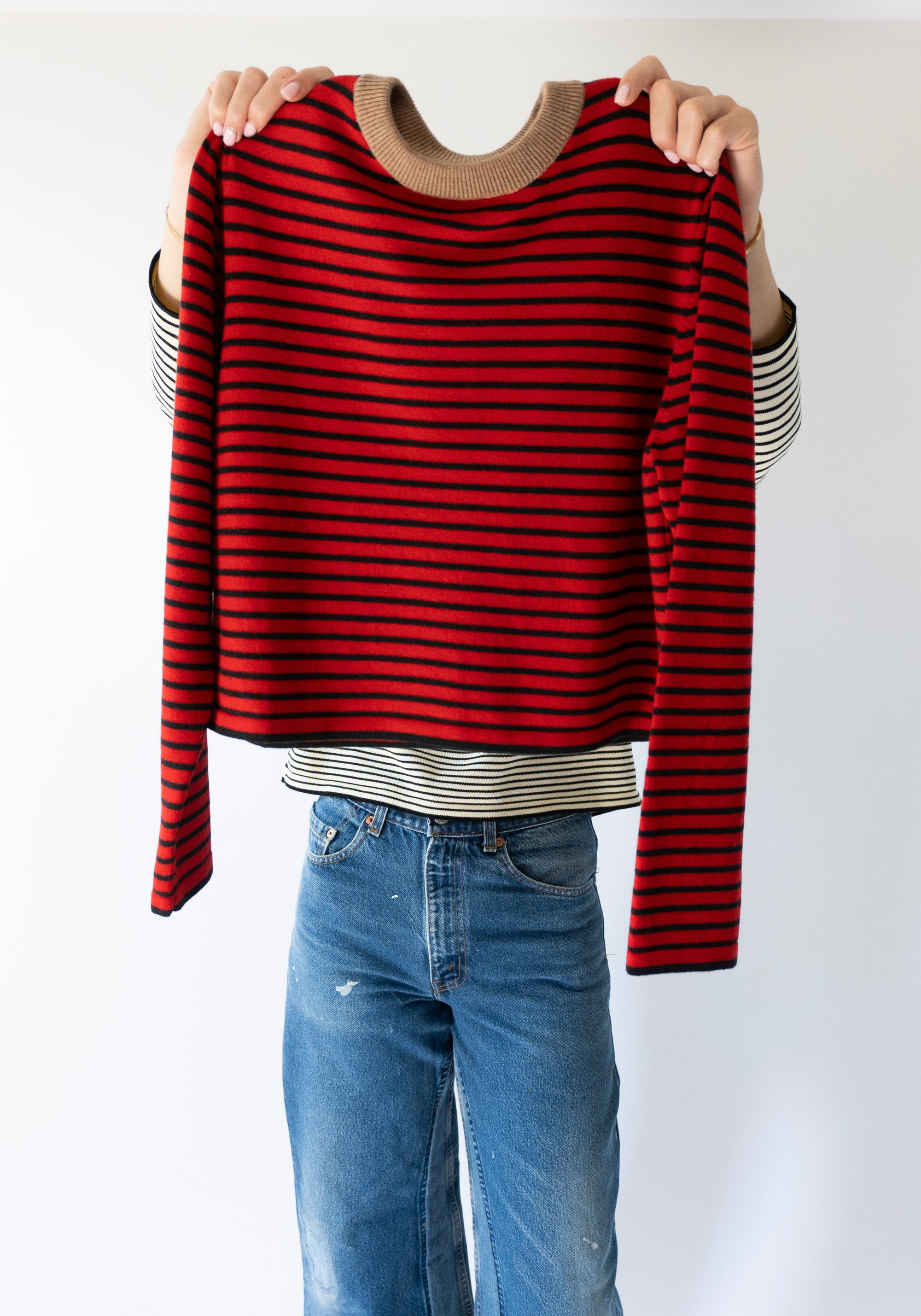 Merino Wool Striped Tee in Red