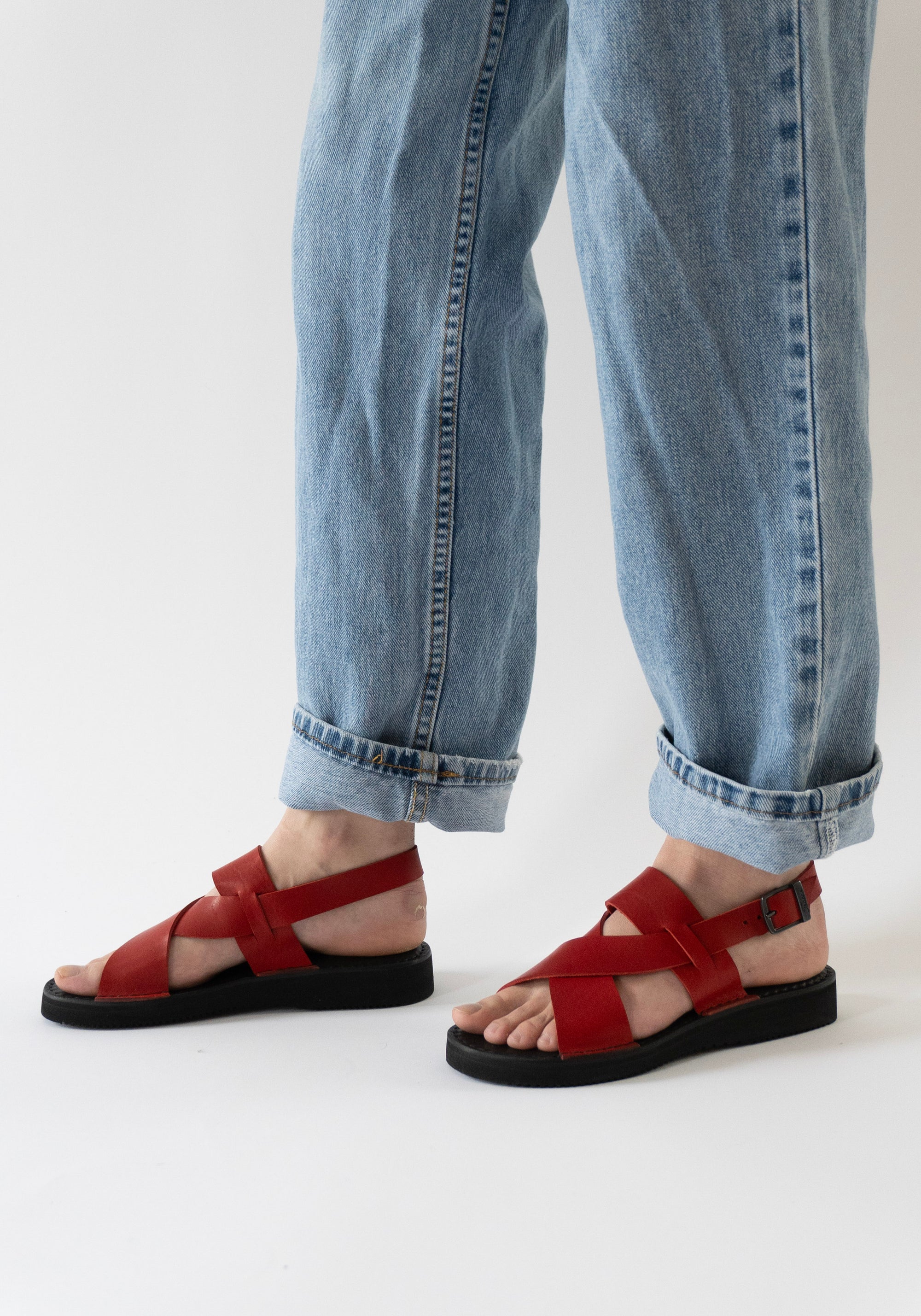 Leather Crossover Sandal in Red