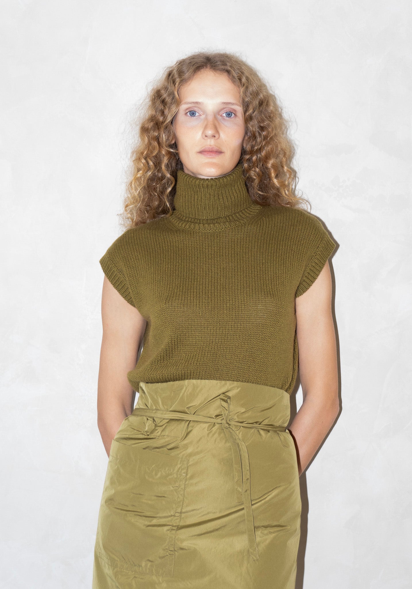 Sofie D'Hoore High Neck Sleeveless Vest in Olive