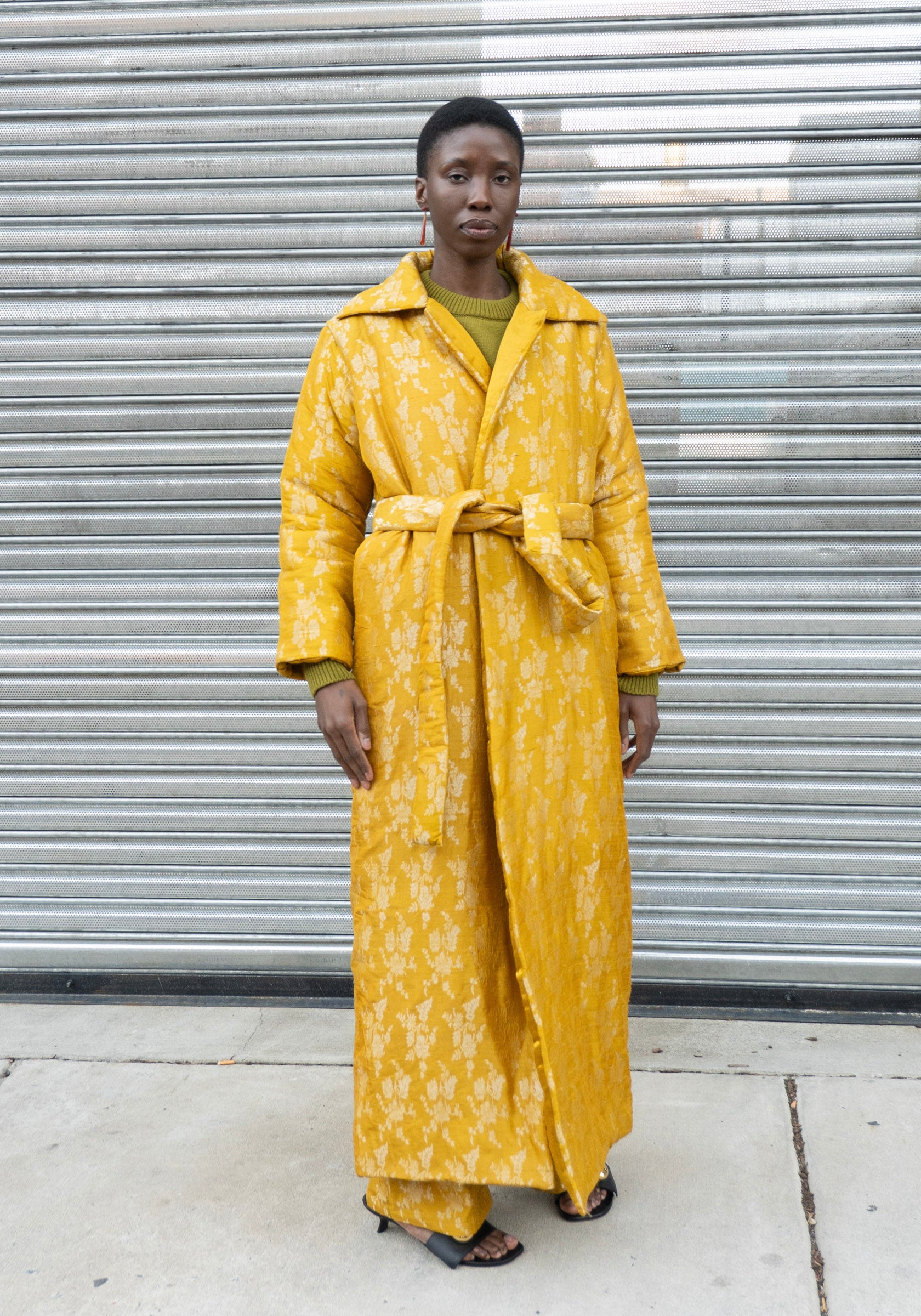 Silk Brocade Puffy Overcoat in Yellow