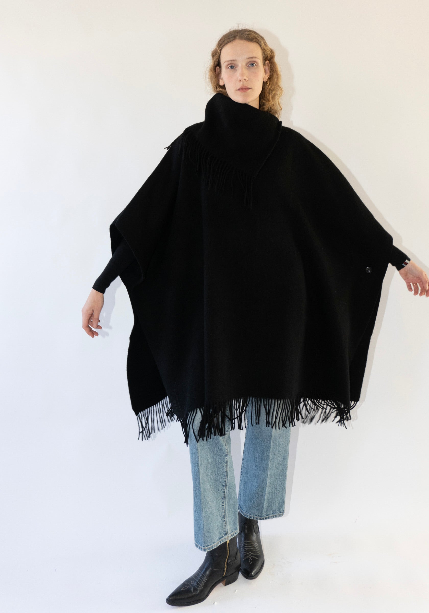 Long Turtlo Fringe Poncho in Black