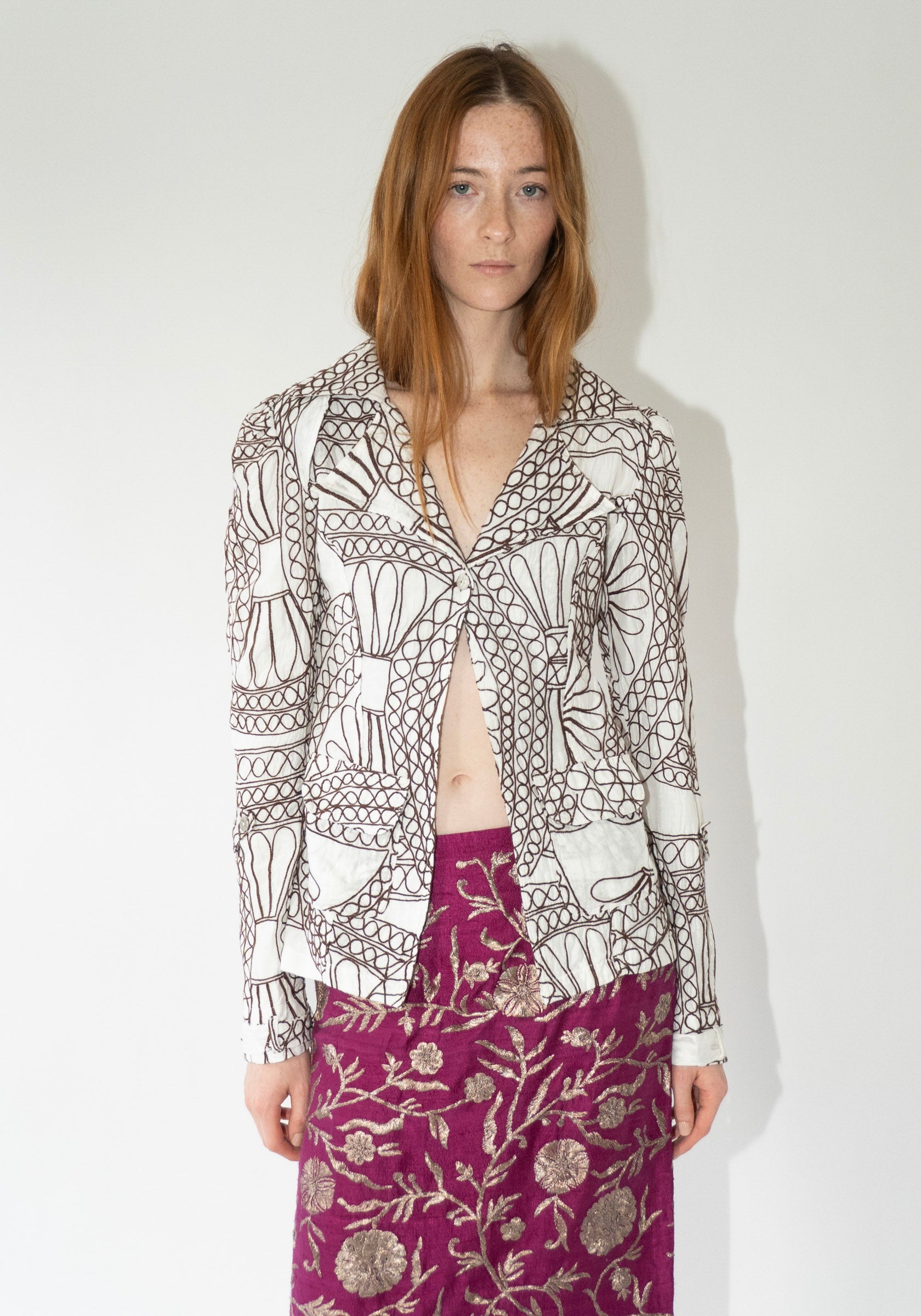 Tigra Tigra Embroidered Rabari Deconstructed Jacket in White and Brown