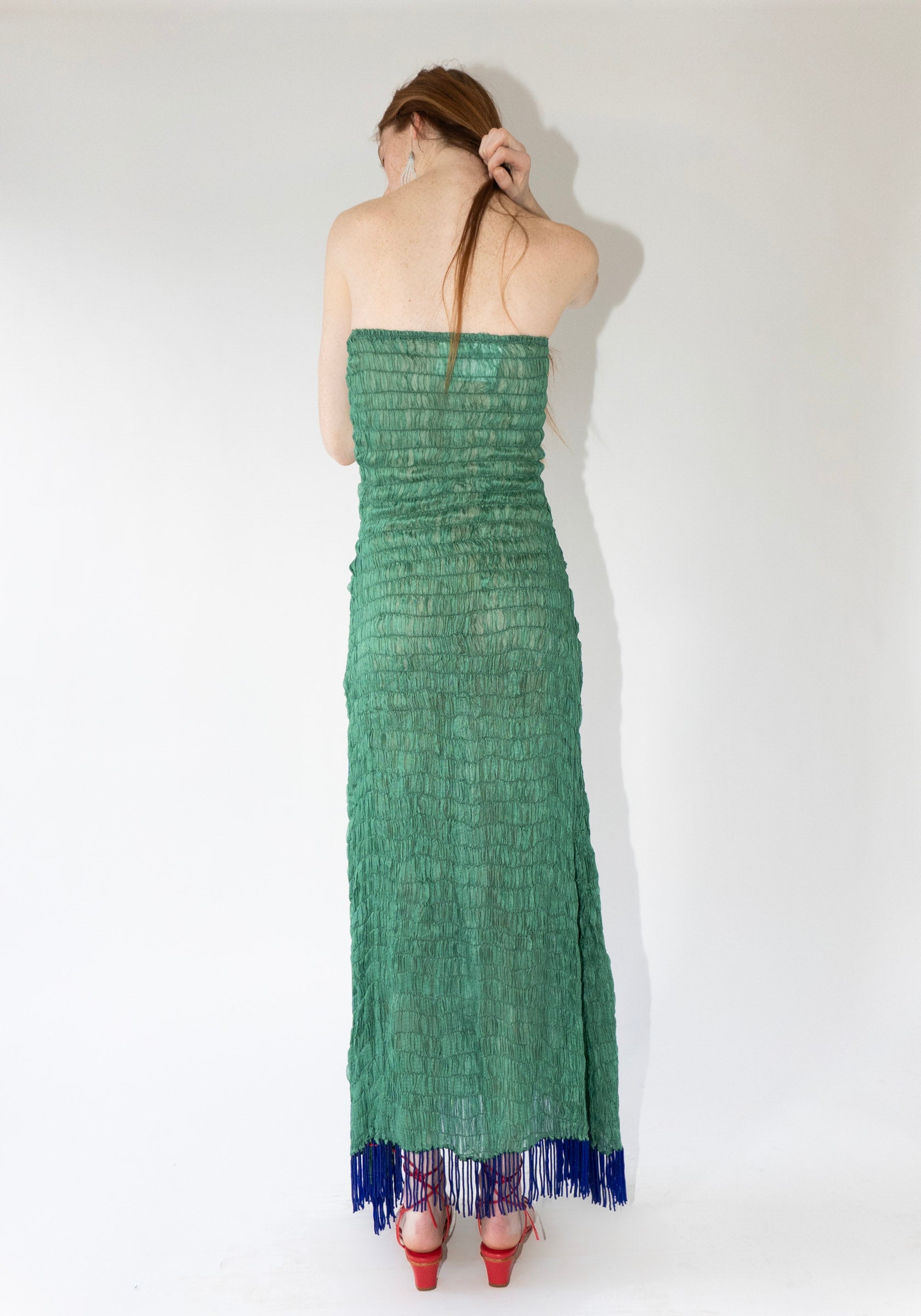 Tigra Tigra Gathered Kota Tube Dress with Beaded Fringe in Jade Green