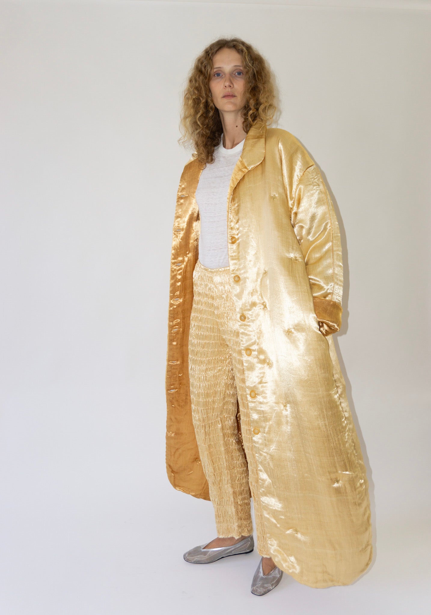 Tigra Tigra Puffy Silk Long Coat in Pale Yellow