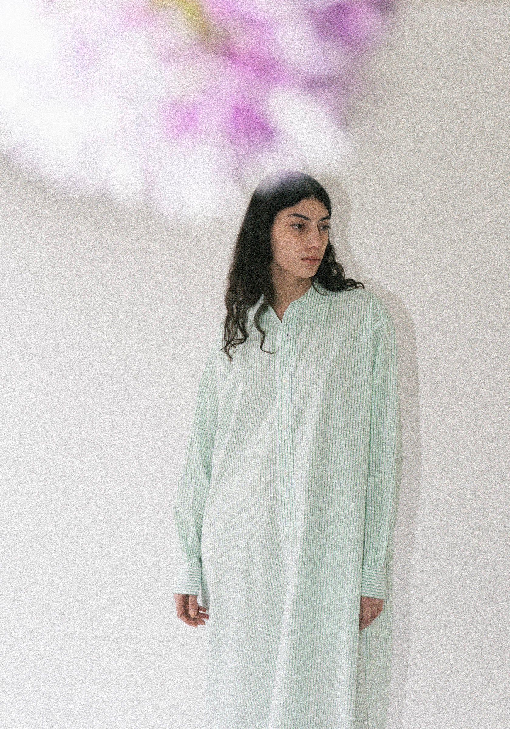 Cristaseya Maxi Shirt Dress in White and Green Stripes