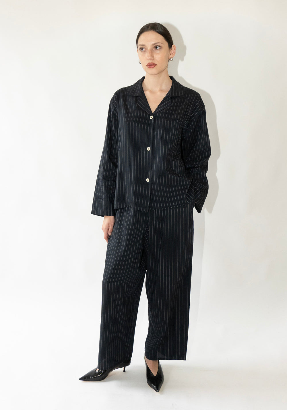 Shaina Mote Pajama Shirt in Navy Pinstripe