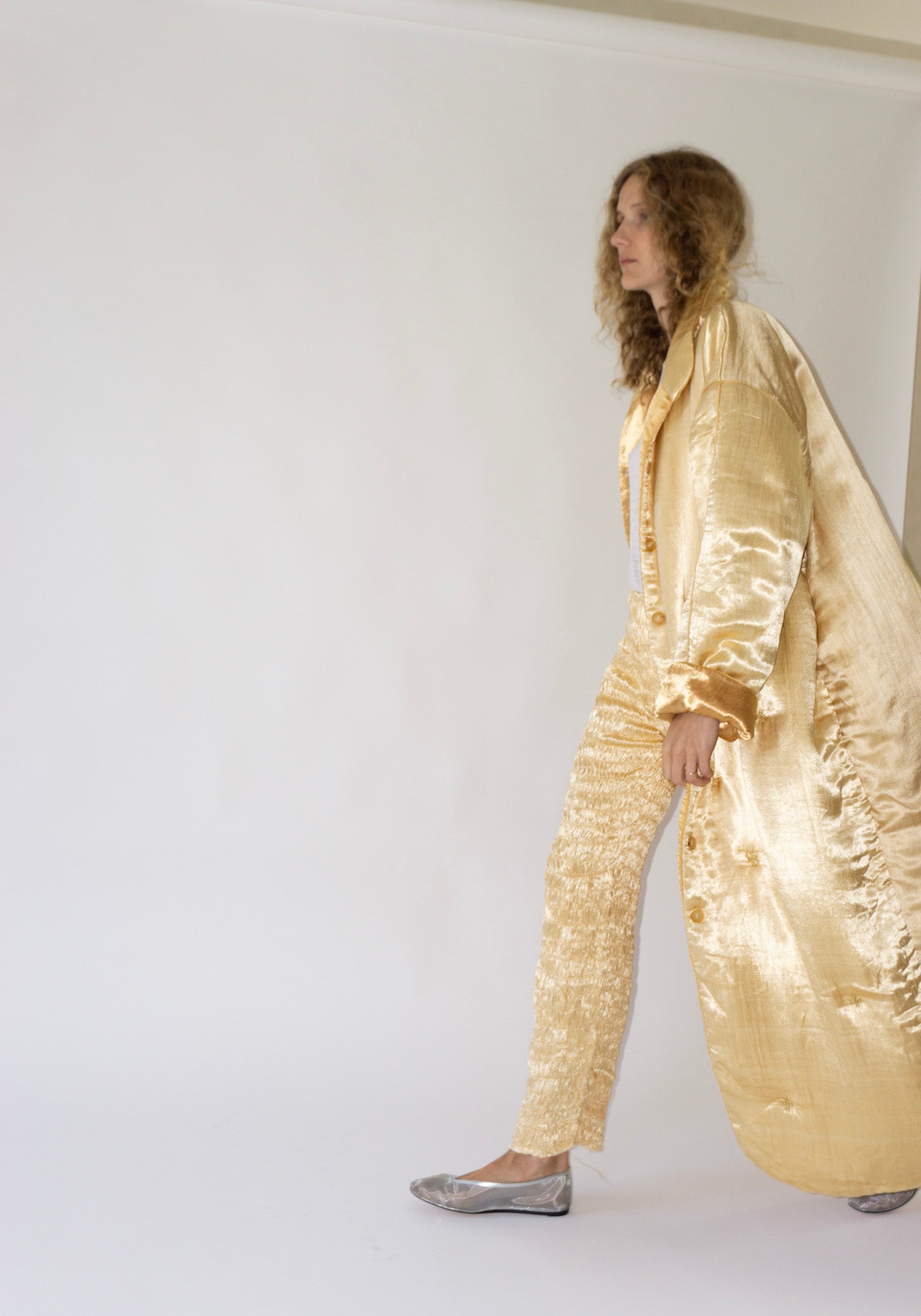 Puffy Silk Long Coat in Pale Yellow