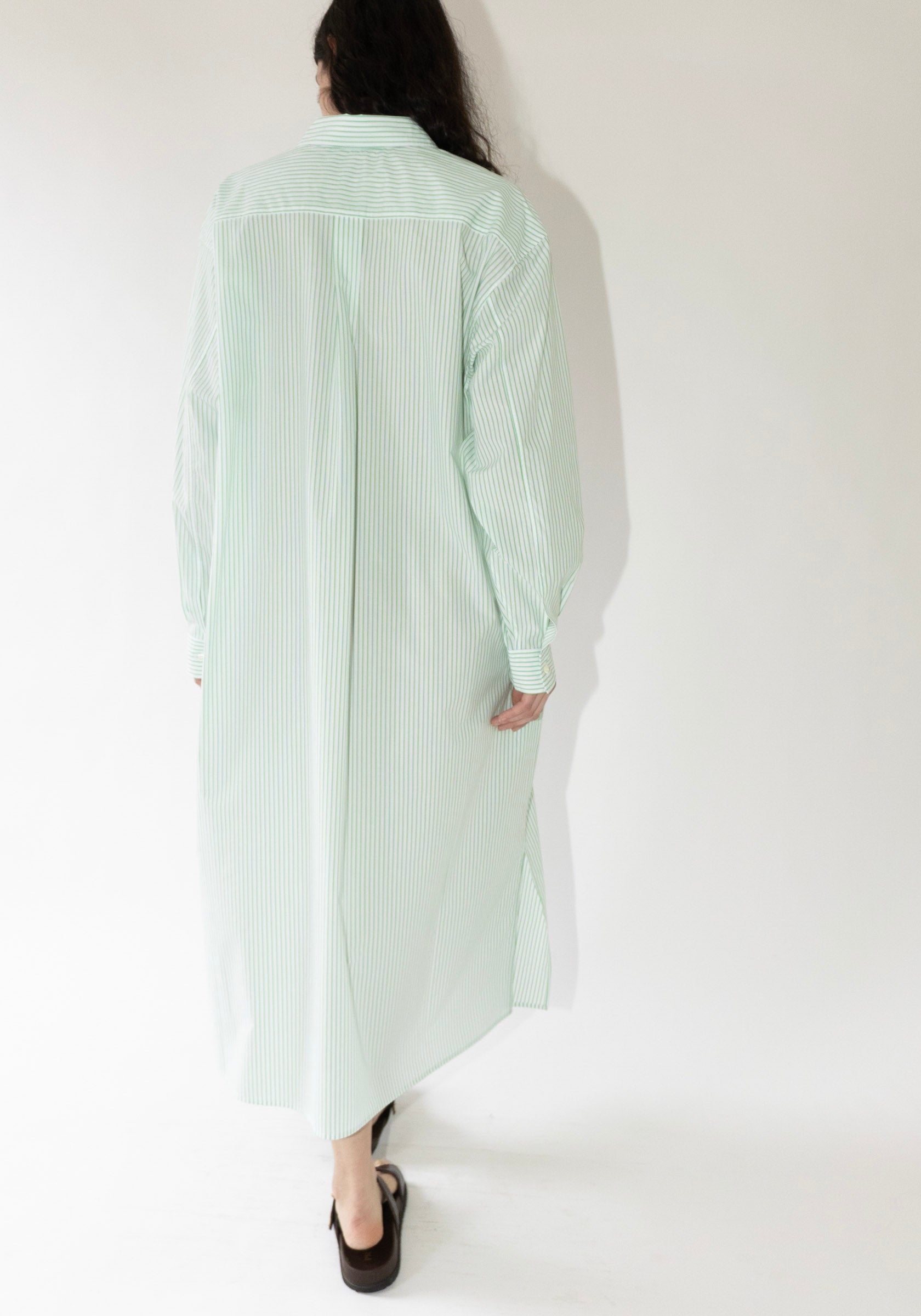 Cristaseya Maxi Shirt Dress in White and Green Stripes