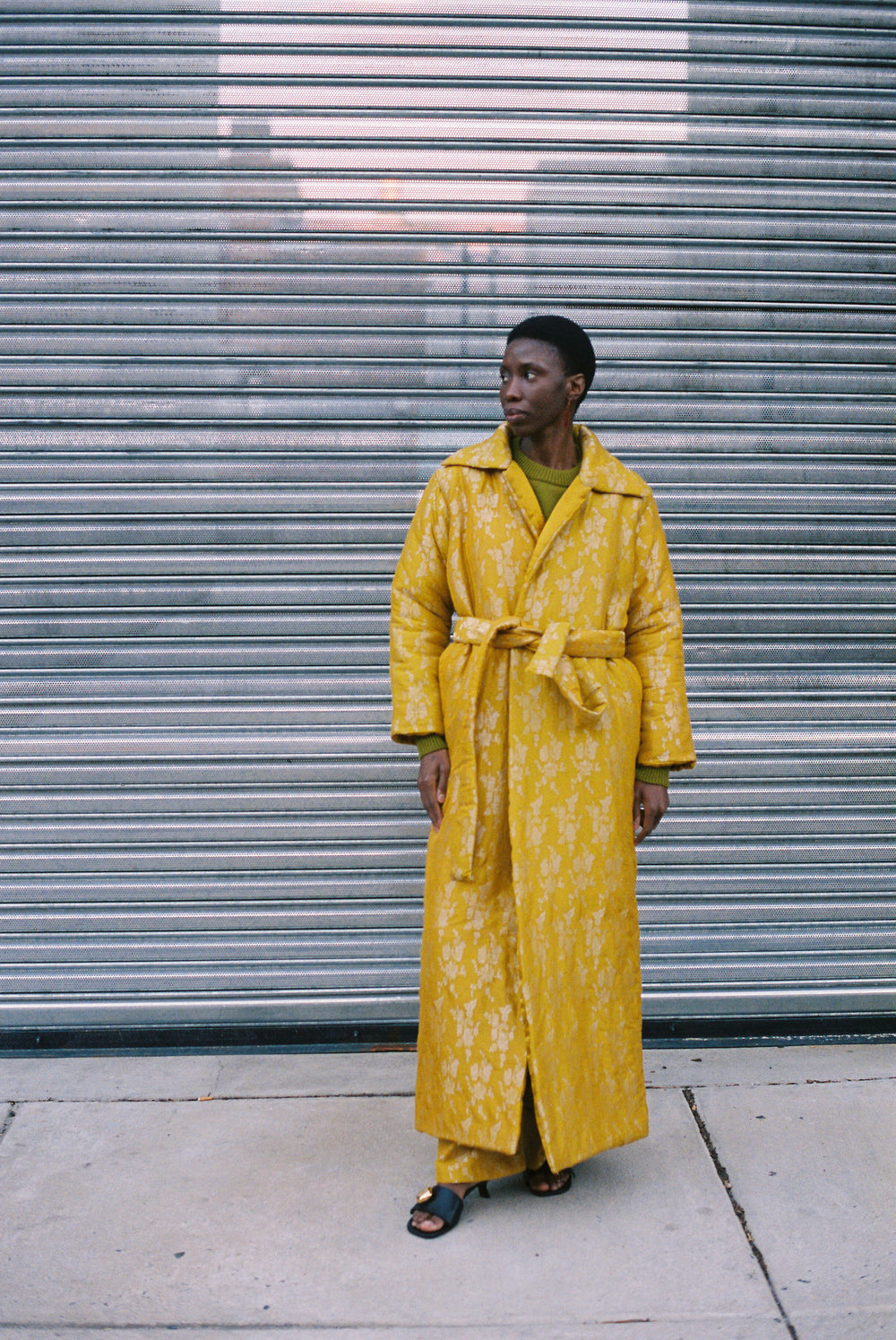 Silk Brocade Puffy Overcoat in Yellow