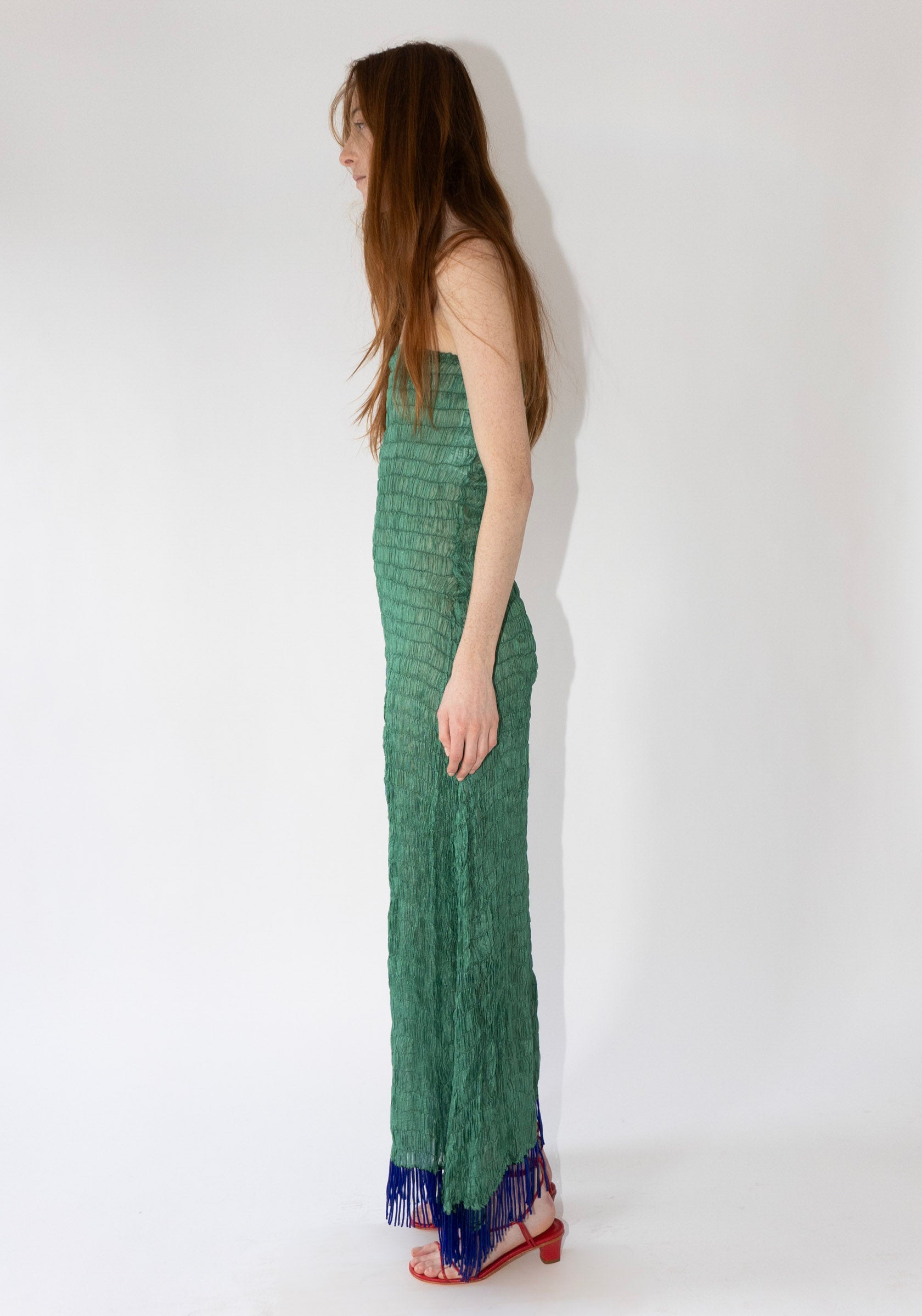 Tigra Tigra Gathered Kota Tube Dress with Beaded Fringe in Jade Green