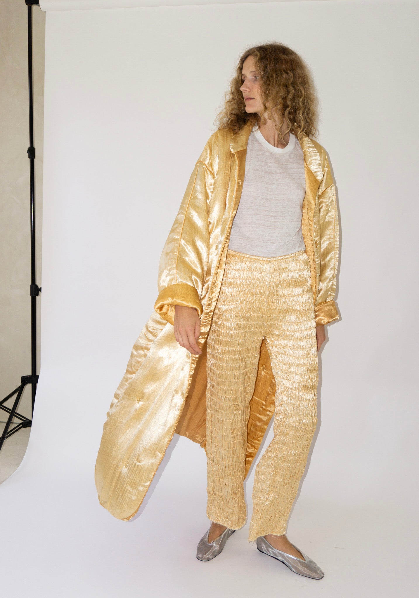 Puffy Silk Long Coat in Pale Yellow