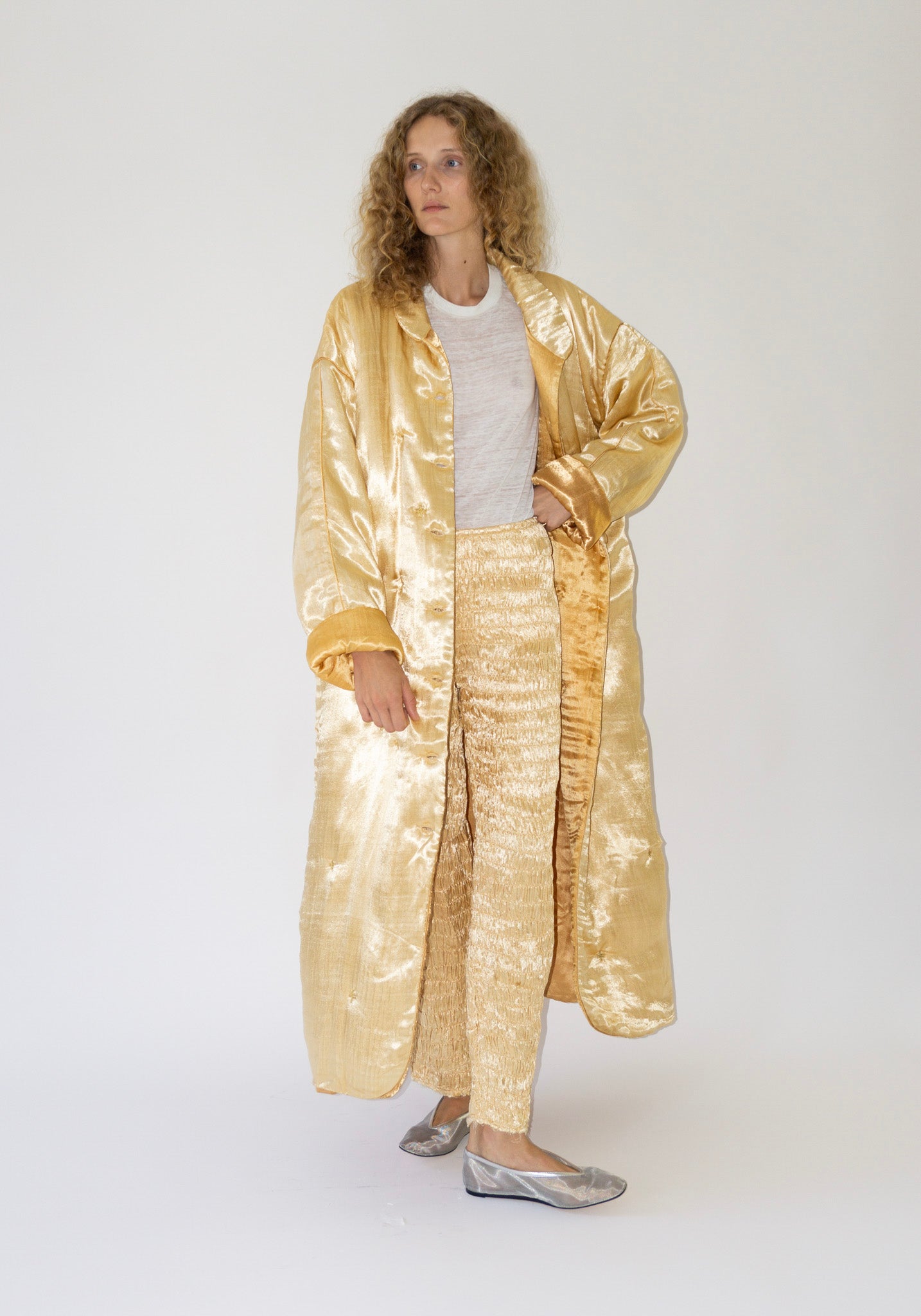 Puffy Silk Long Coat in Pale Yellow