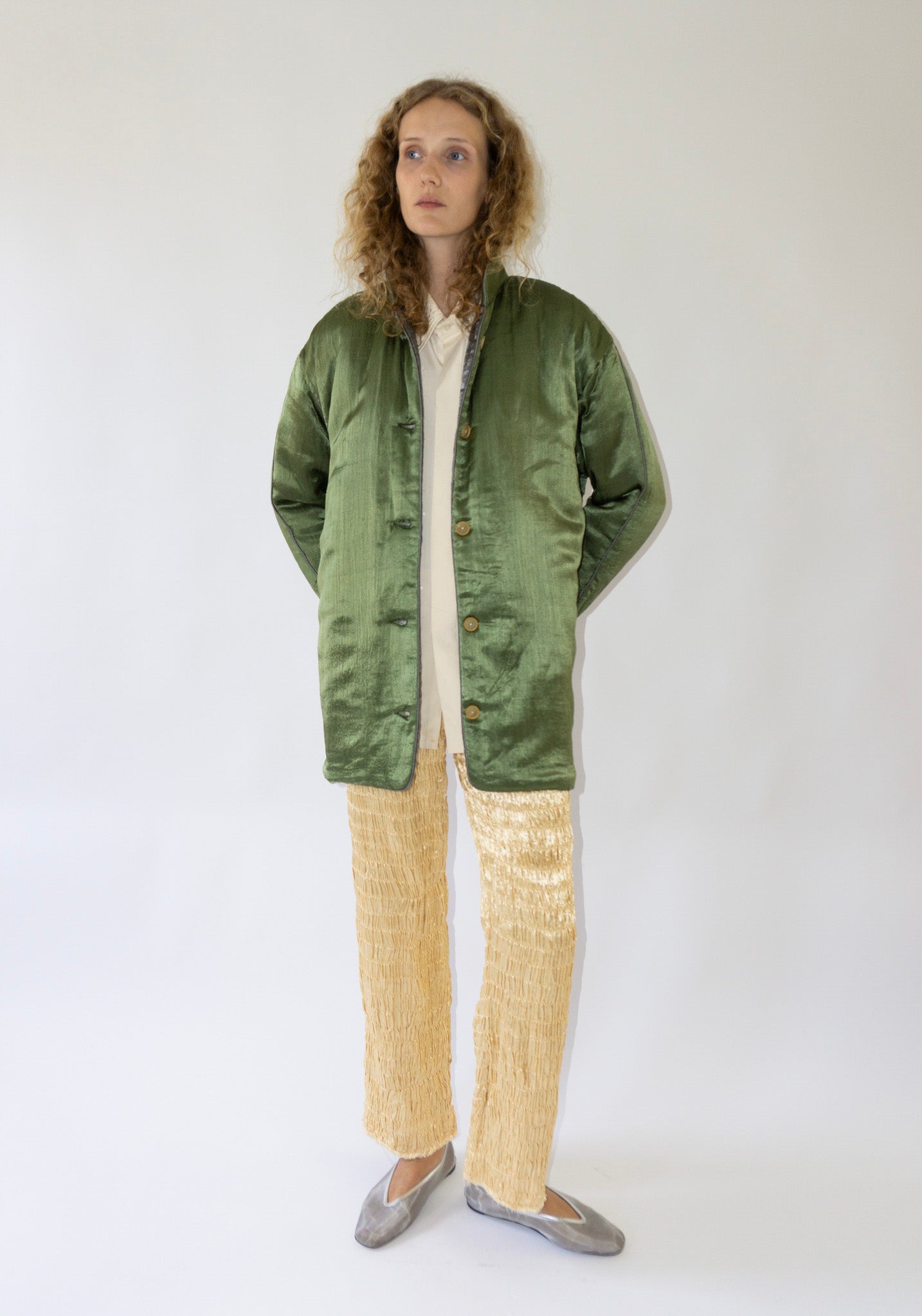 Tigra Tigra Puffy Silk Mid Coat in Olive Grey