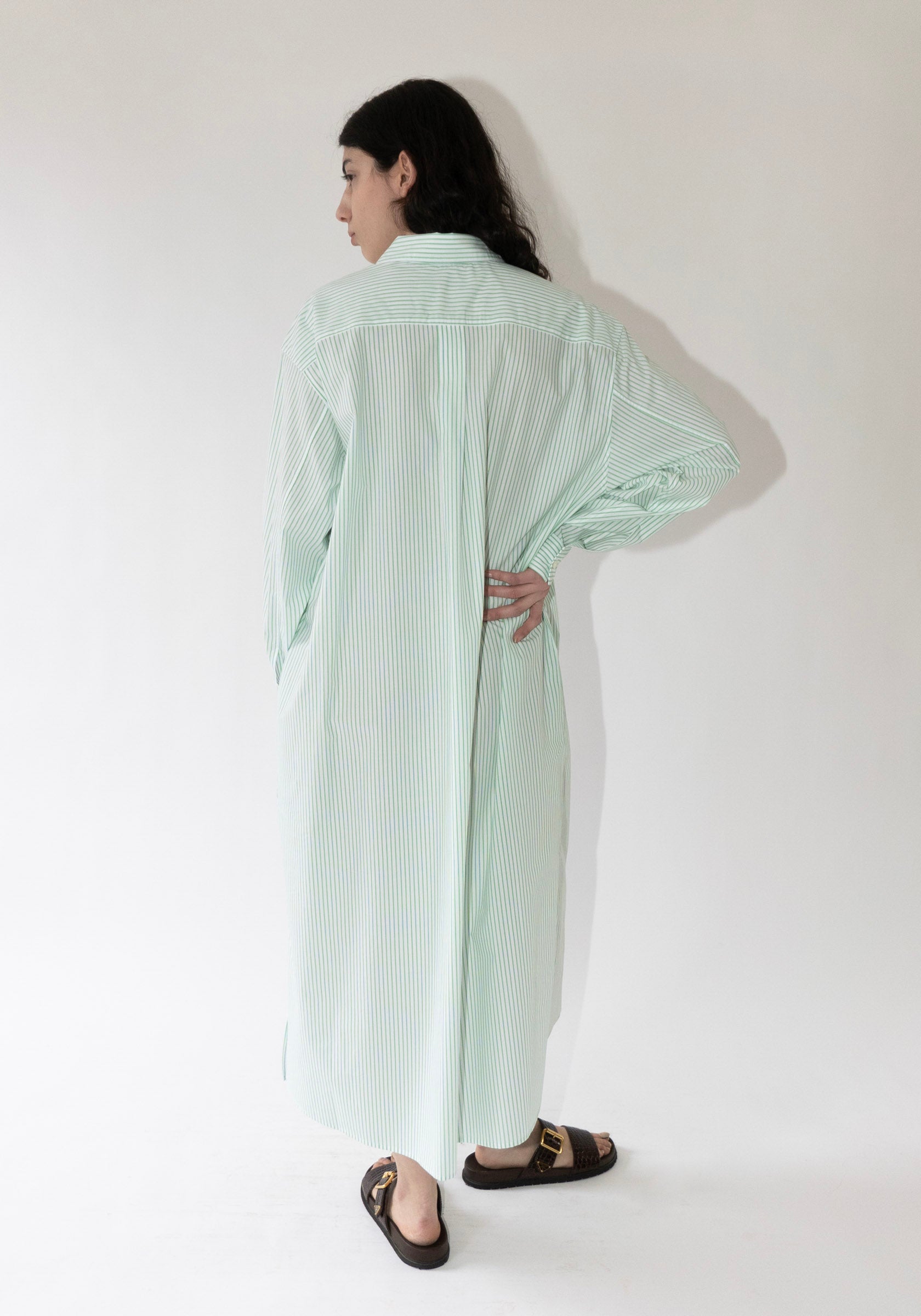 Cristaseya Maxi Shirt Dress in White and Green Stripes