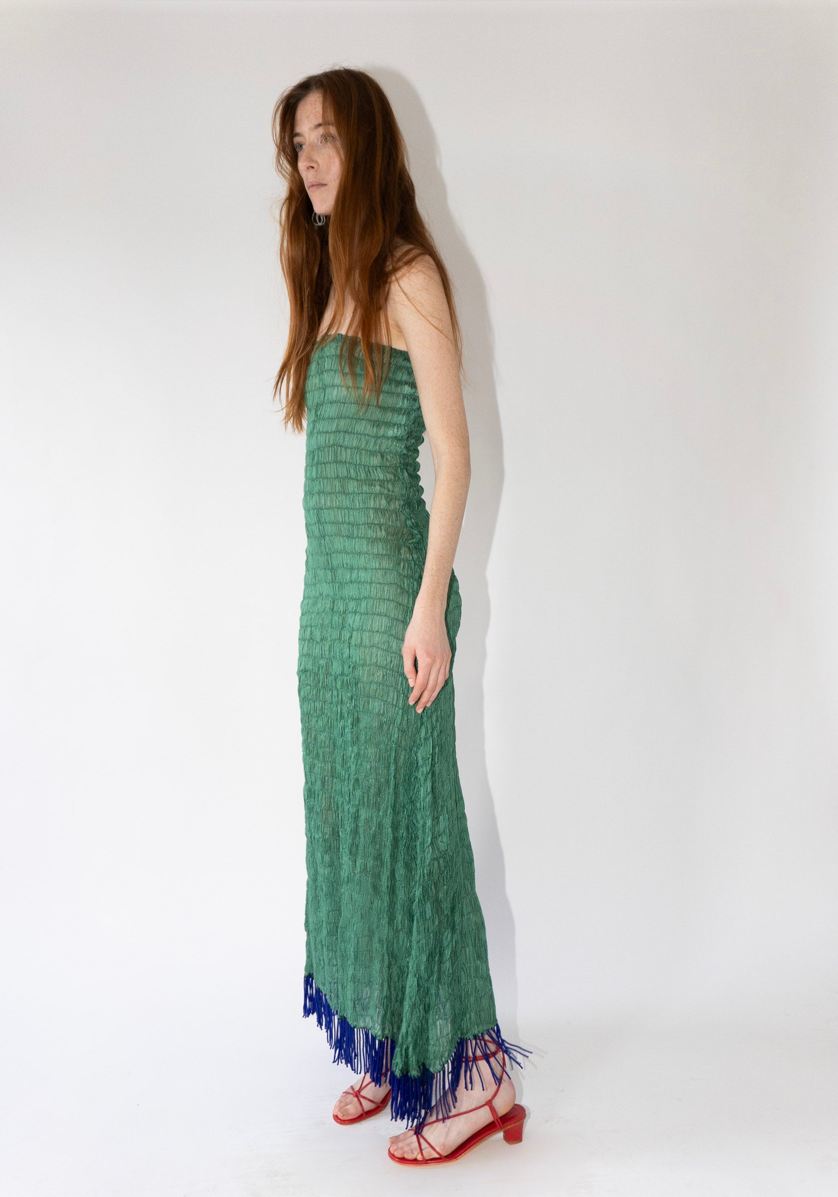 Tigra Tigra Gathered Kota Tube Dress with Beaded Fringe in Jade Green