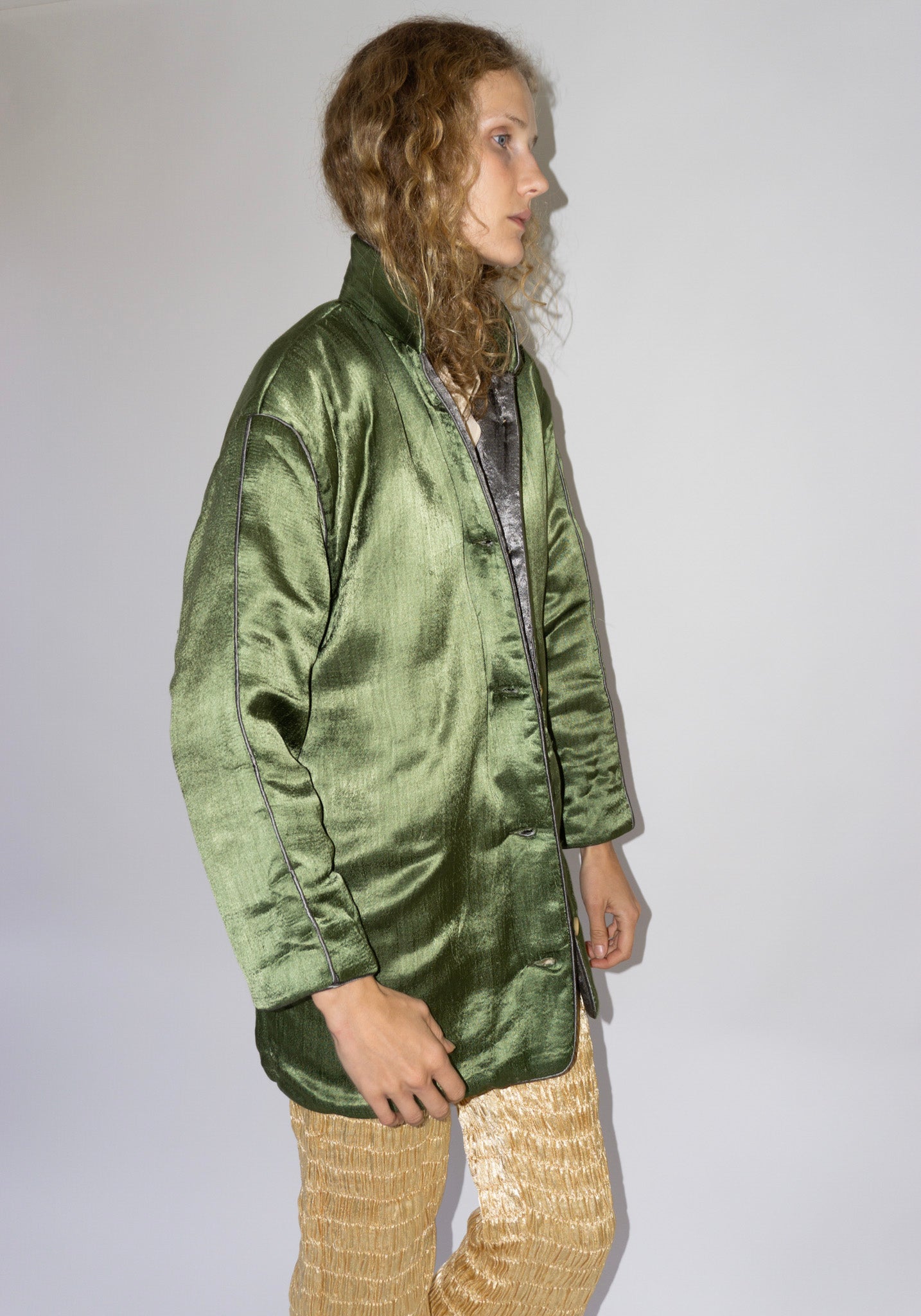 Tigra Tigra Puffy Silk Mid Coat in Olive Grey