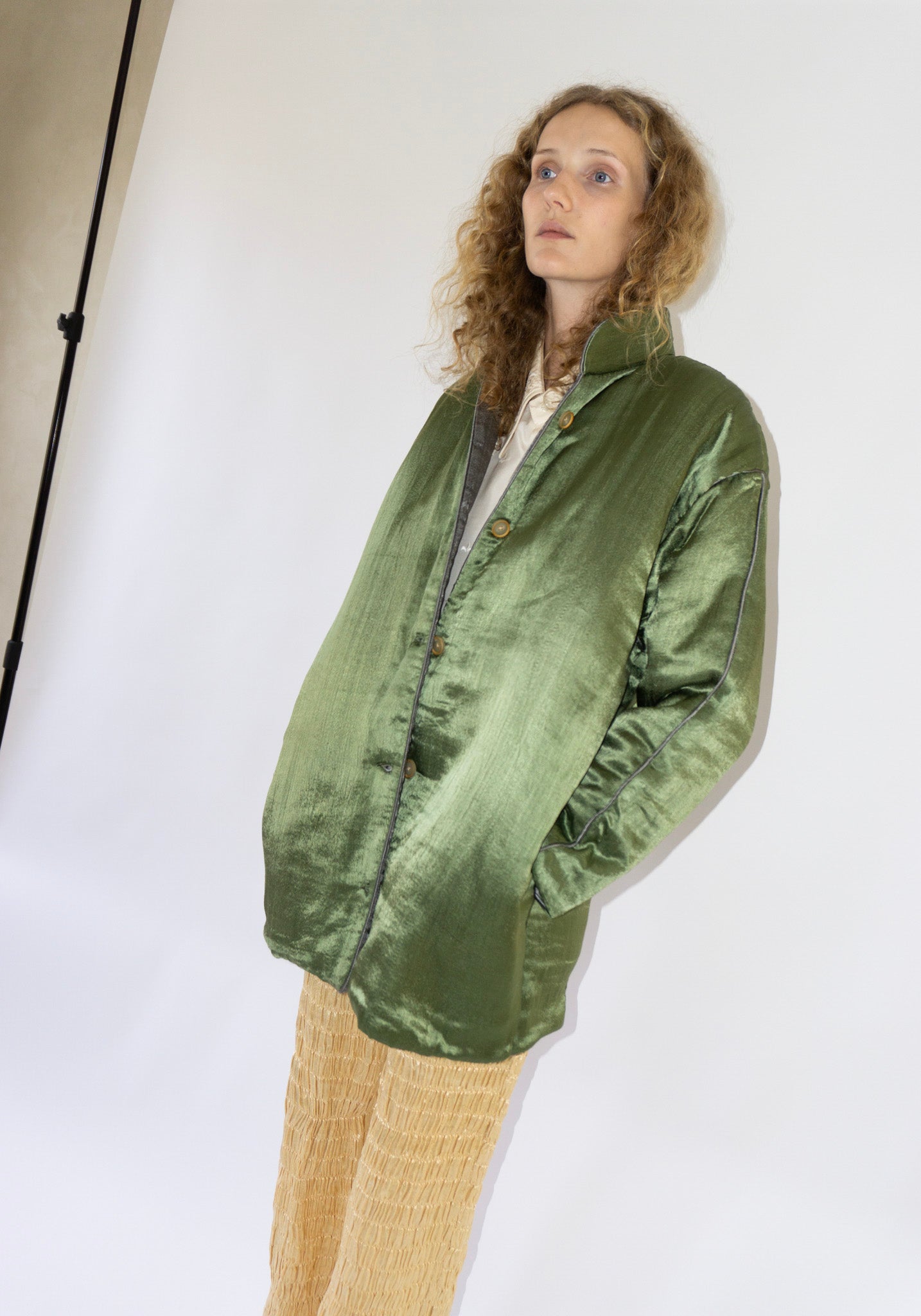 Tigra Tigra Puffy Silk Mid Coat in Olive Grey