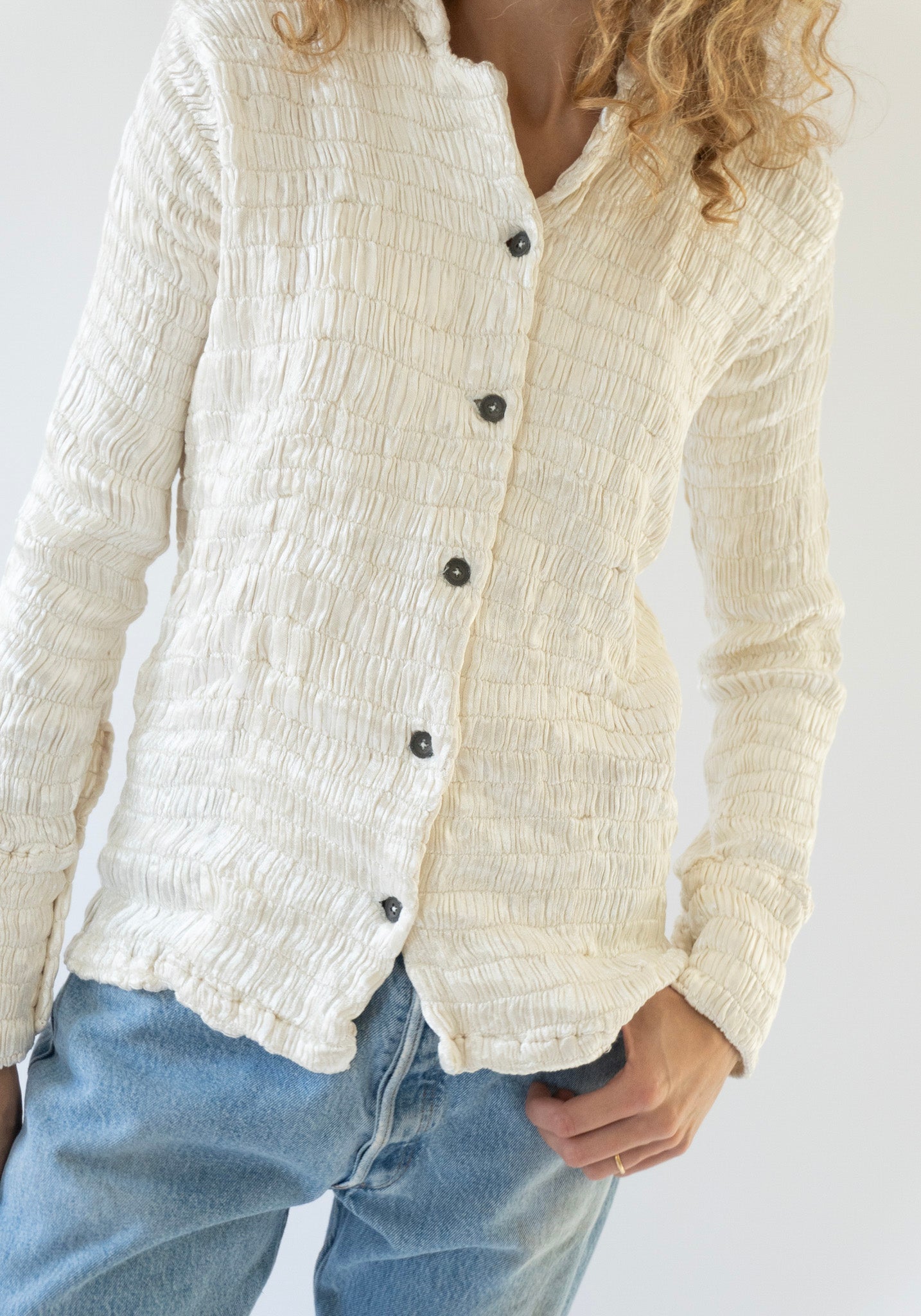 Gathered Silk Mashroo Button Shirt in White