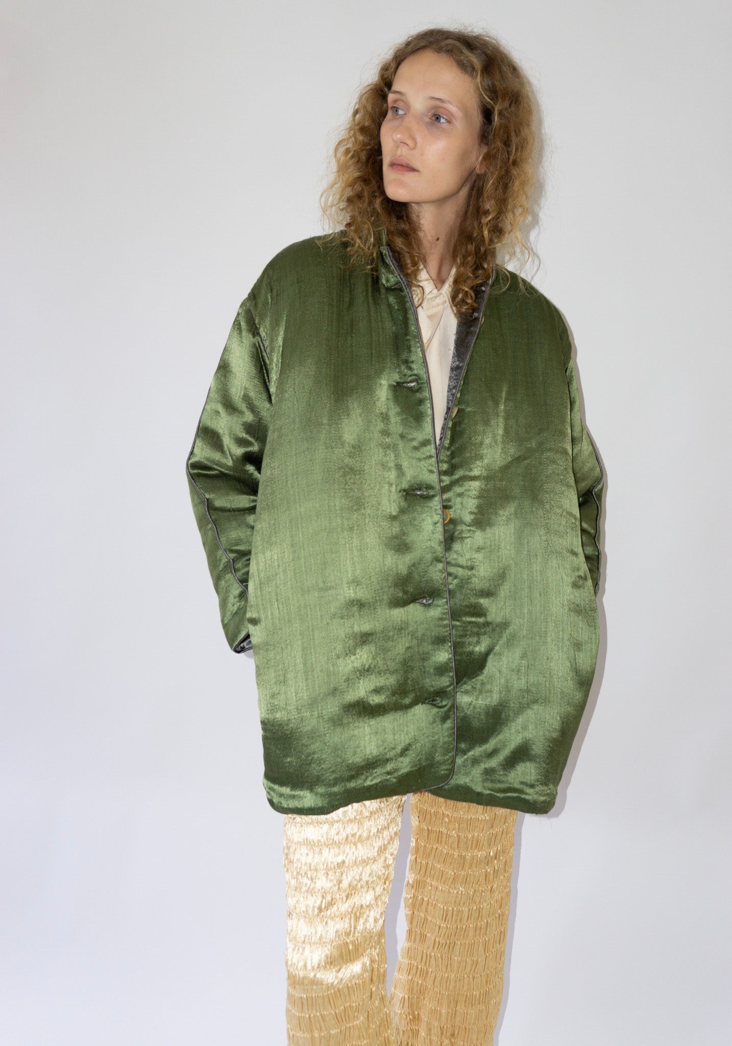 Tigra Tigra Puffy Silk Mid Coat in Olive Grey