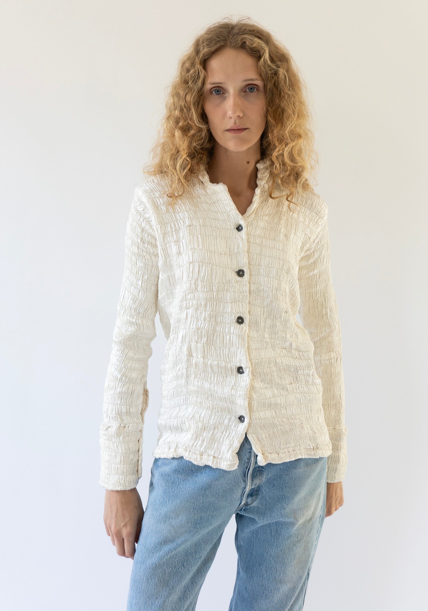 Gathered Silk Mashroo Button Shirt in White