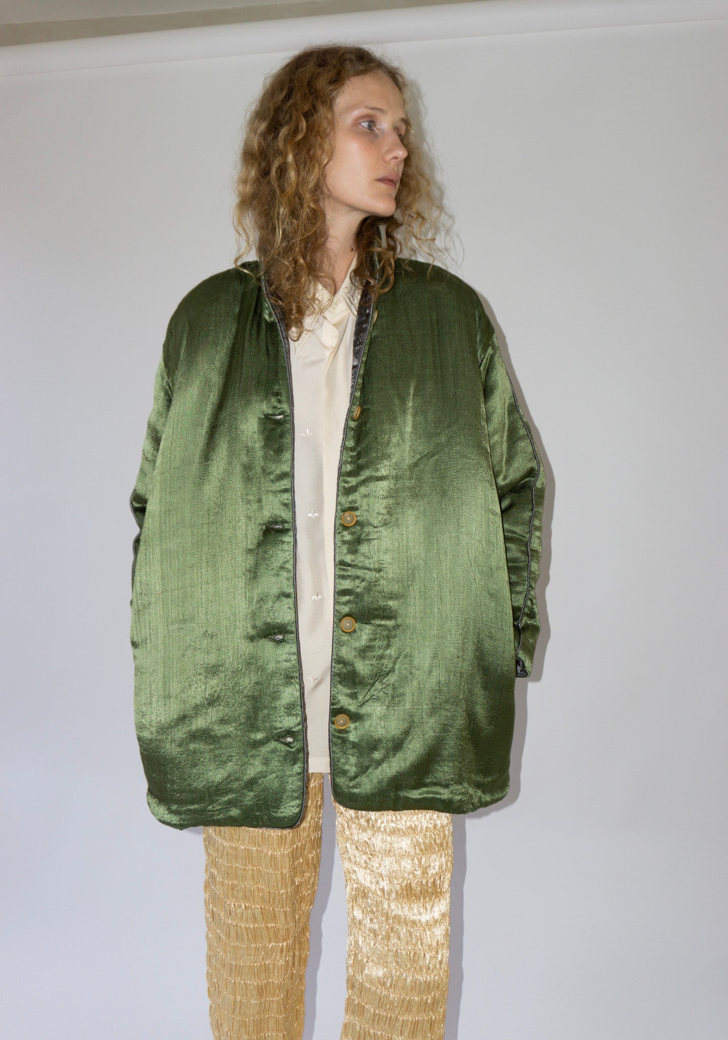 Tigra Tigra Puffy Silk Mid Coat in Olive Grey