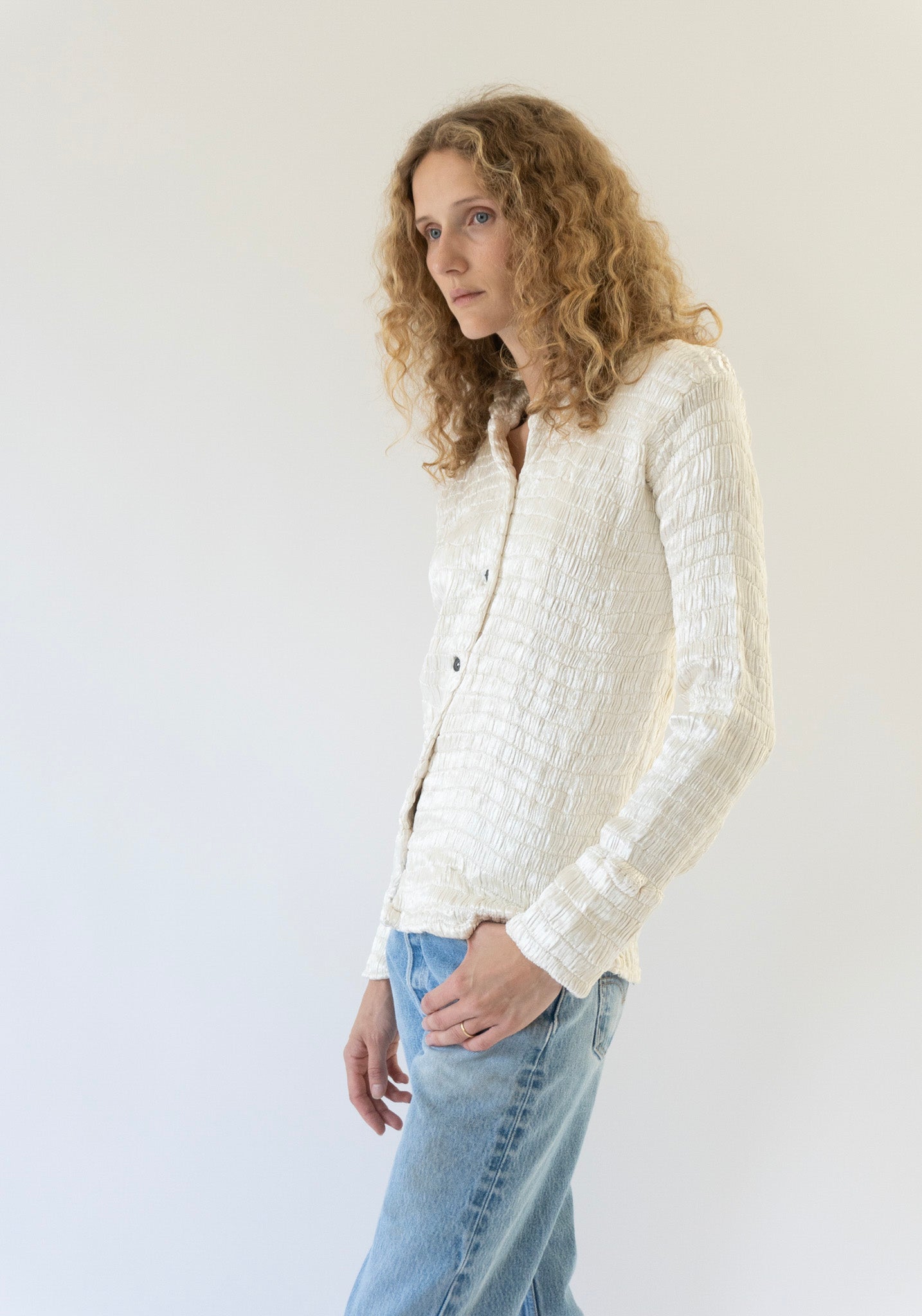 Gathered Silk Mashroo Button Shirt in White