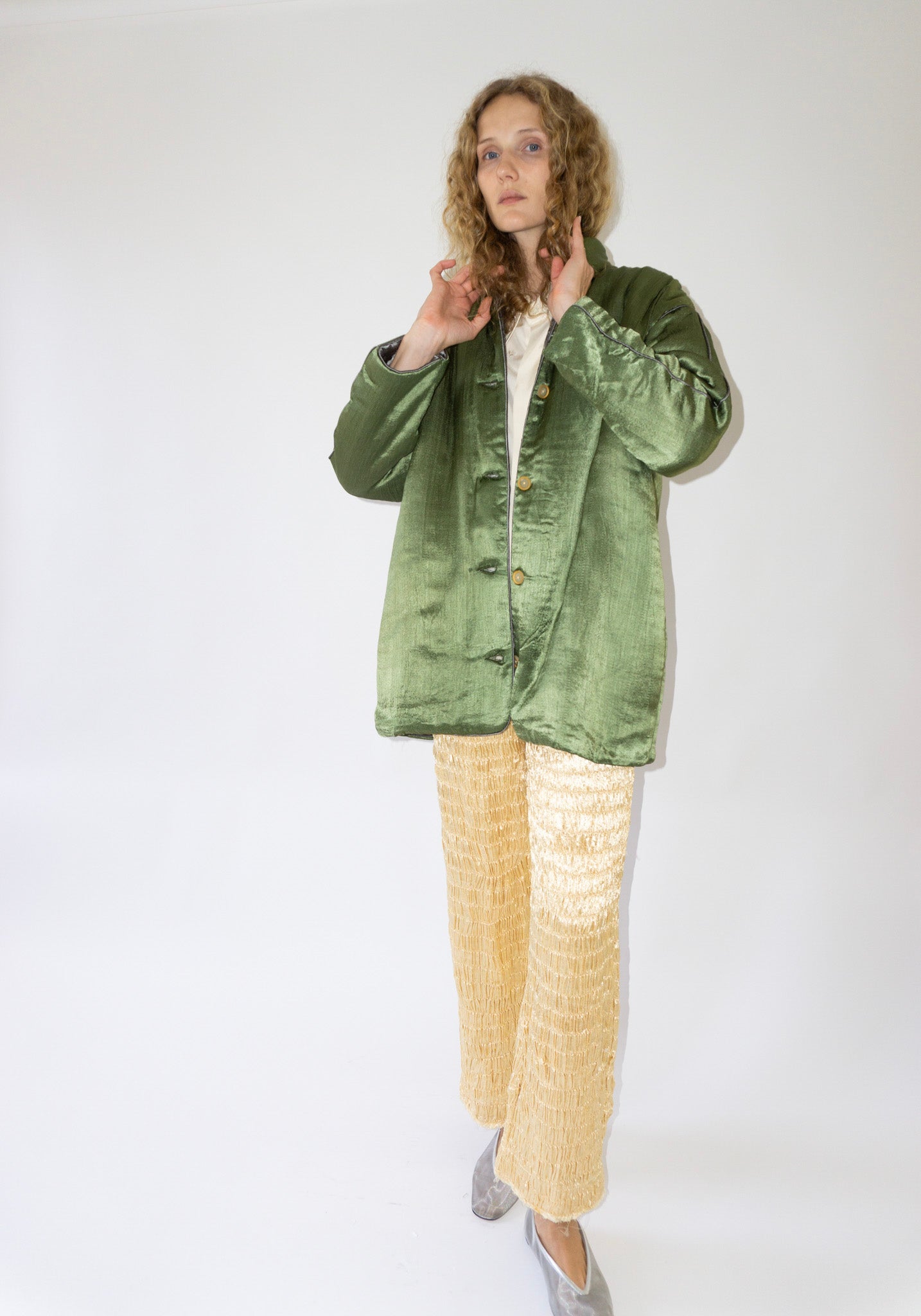 Tigra Tigra Puffy Silk Mid Coat in Olive Grey