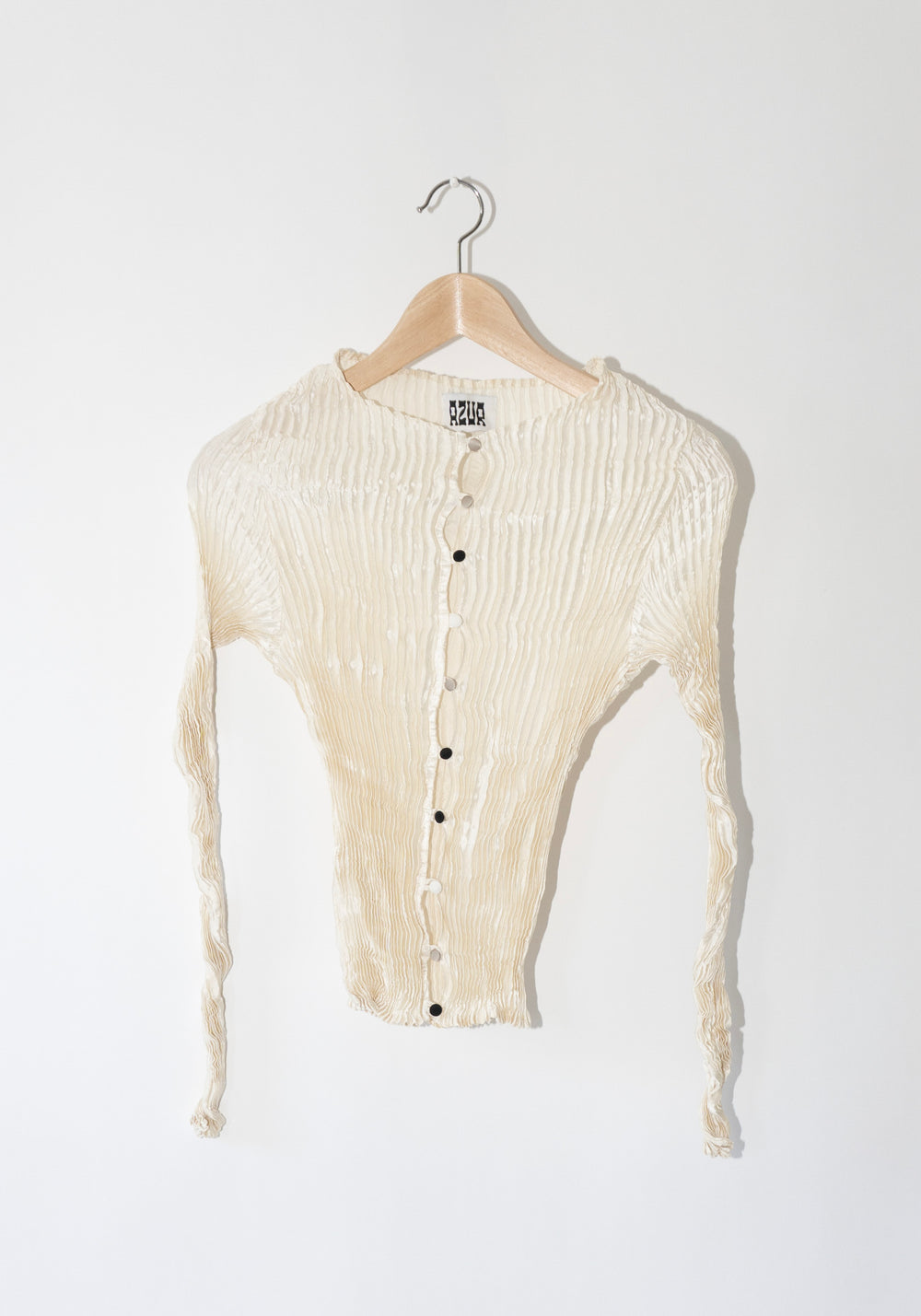 Azur Plissé Satin Silk Cardigan in Off White