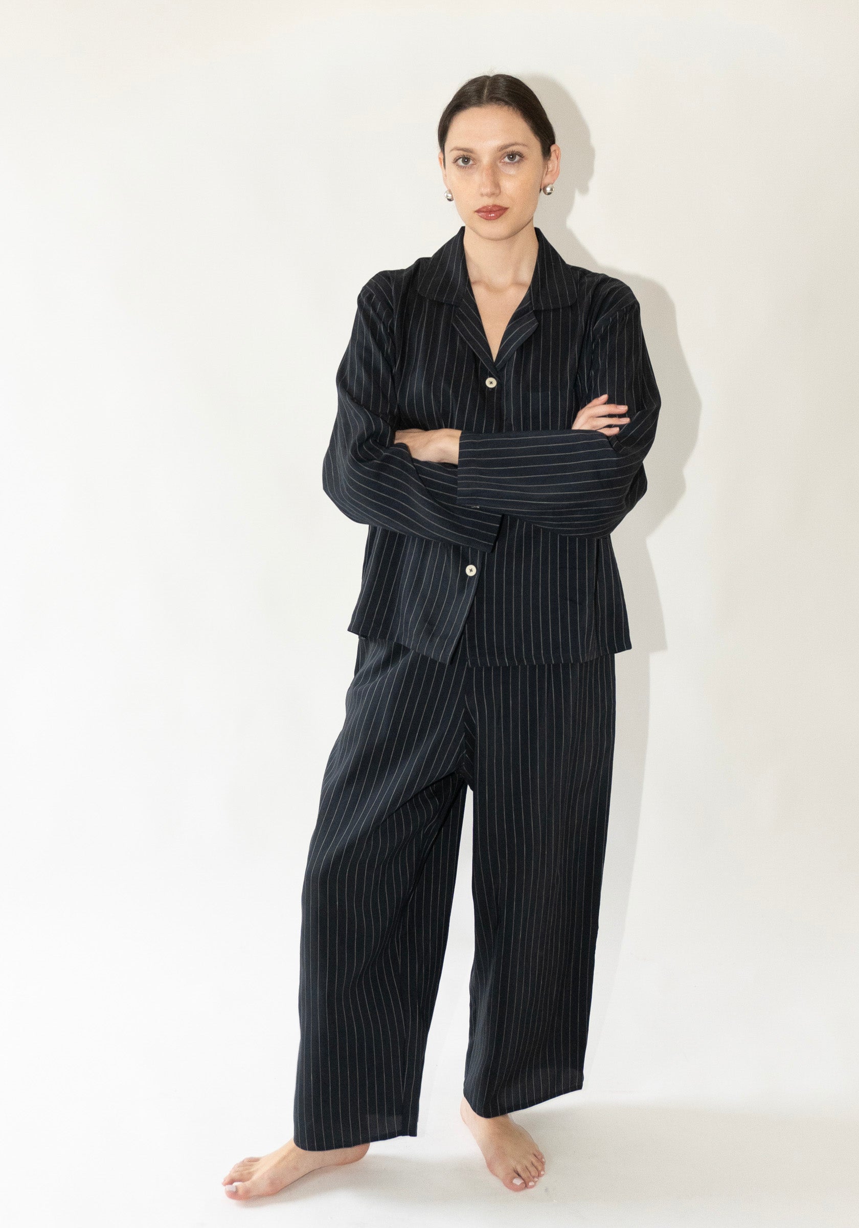 Shaina Mote Pajama Shirt in Navy Pinstripe