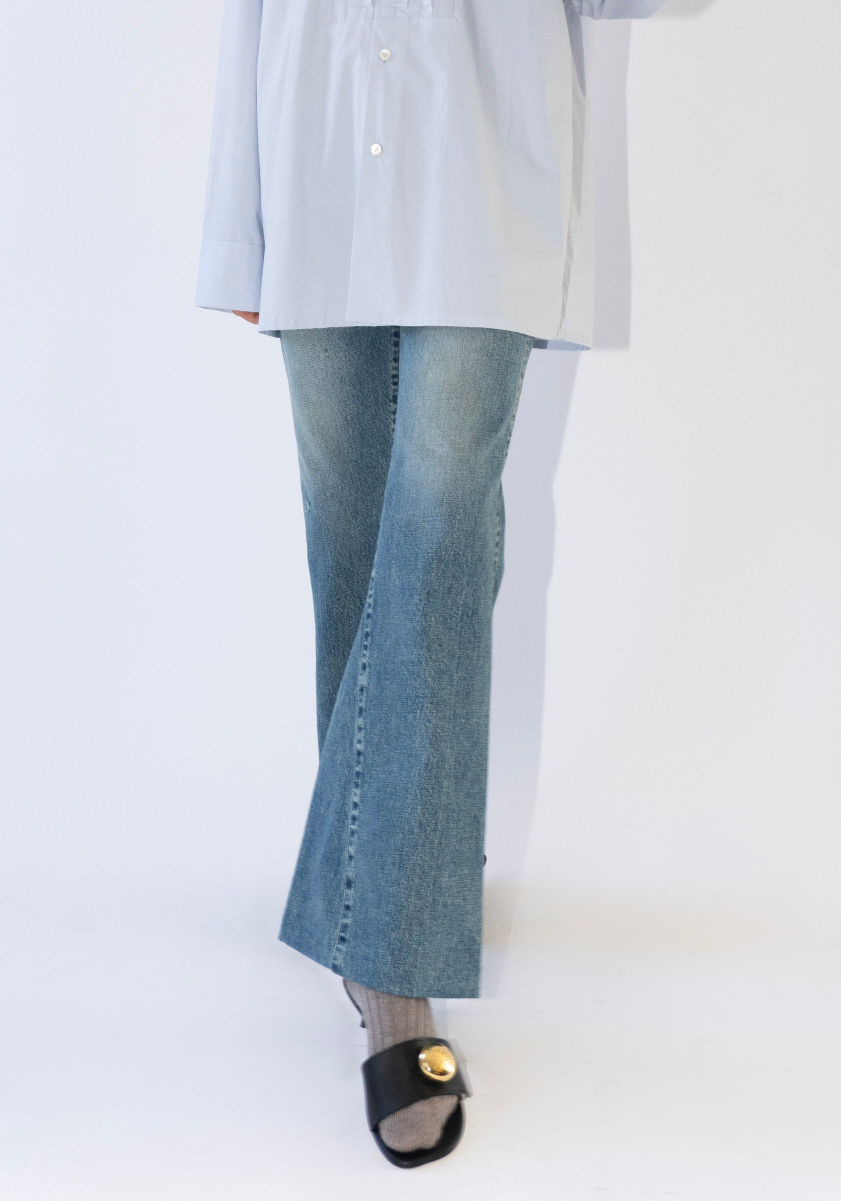 Tanaka Flare Jean Trouser in Green Blue