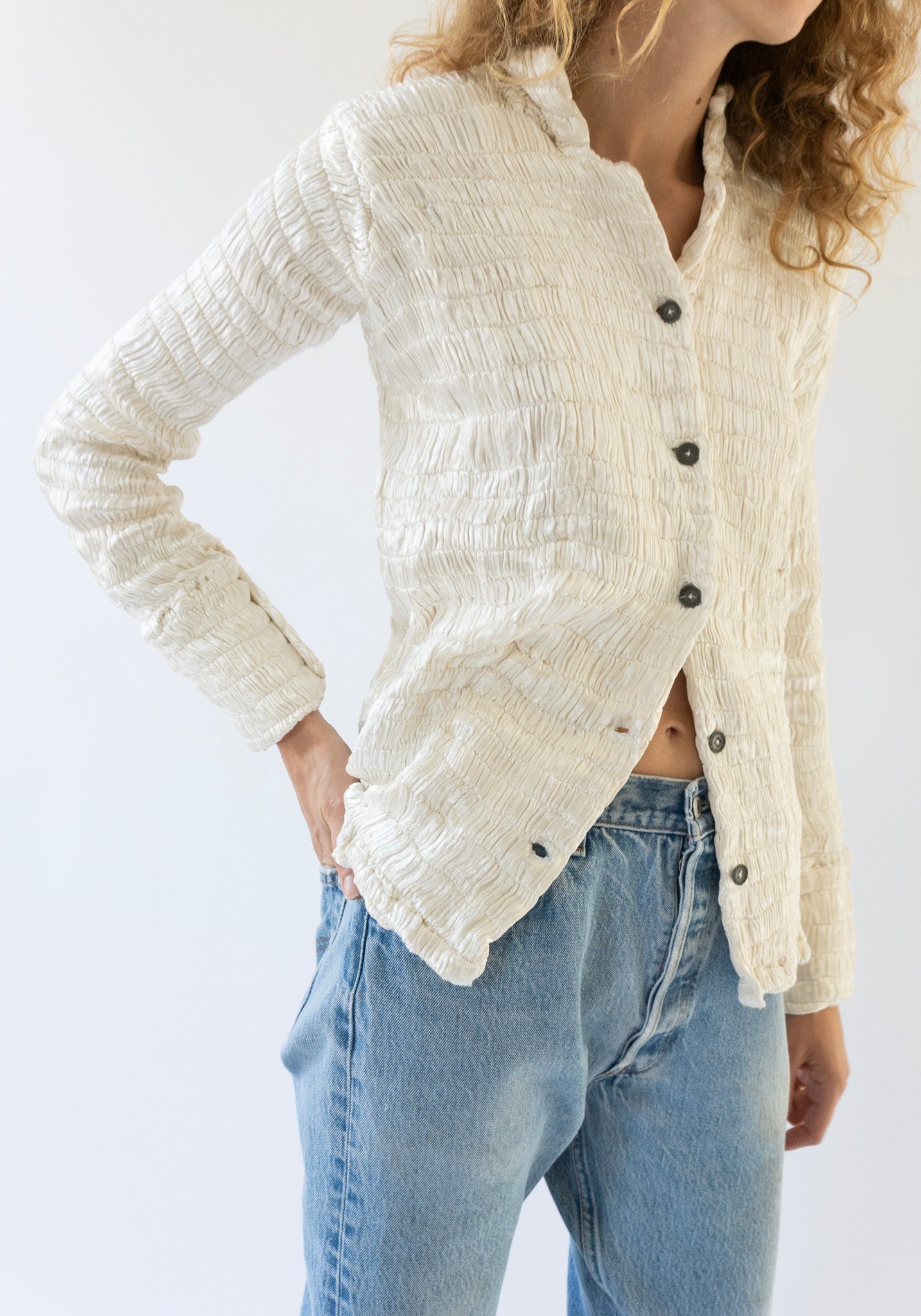 Gathered Silk Mashroo Button Shirt in White