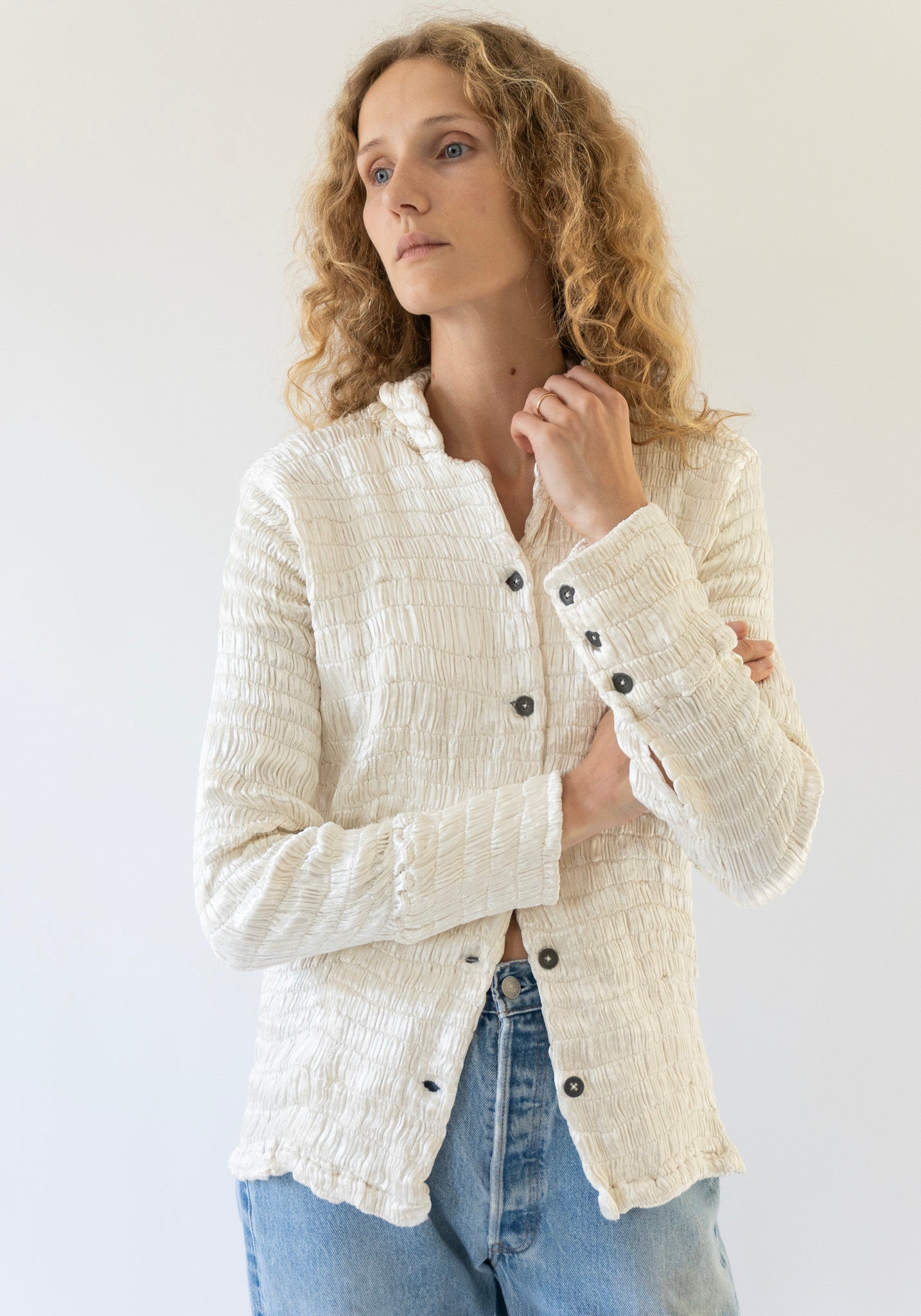 Gathered Silk Mashroo Button Shirt in White