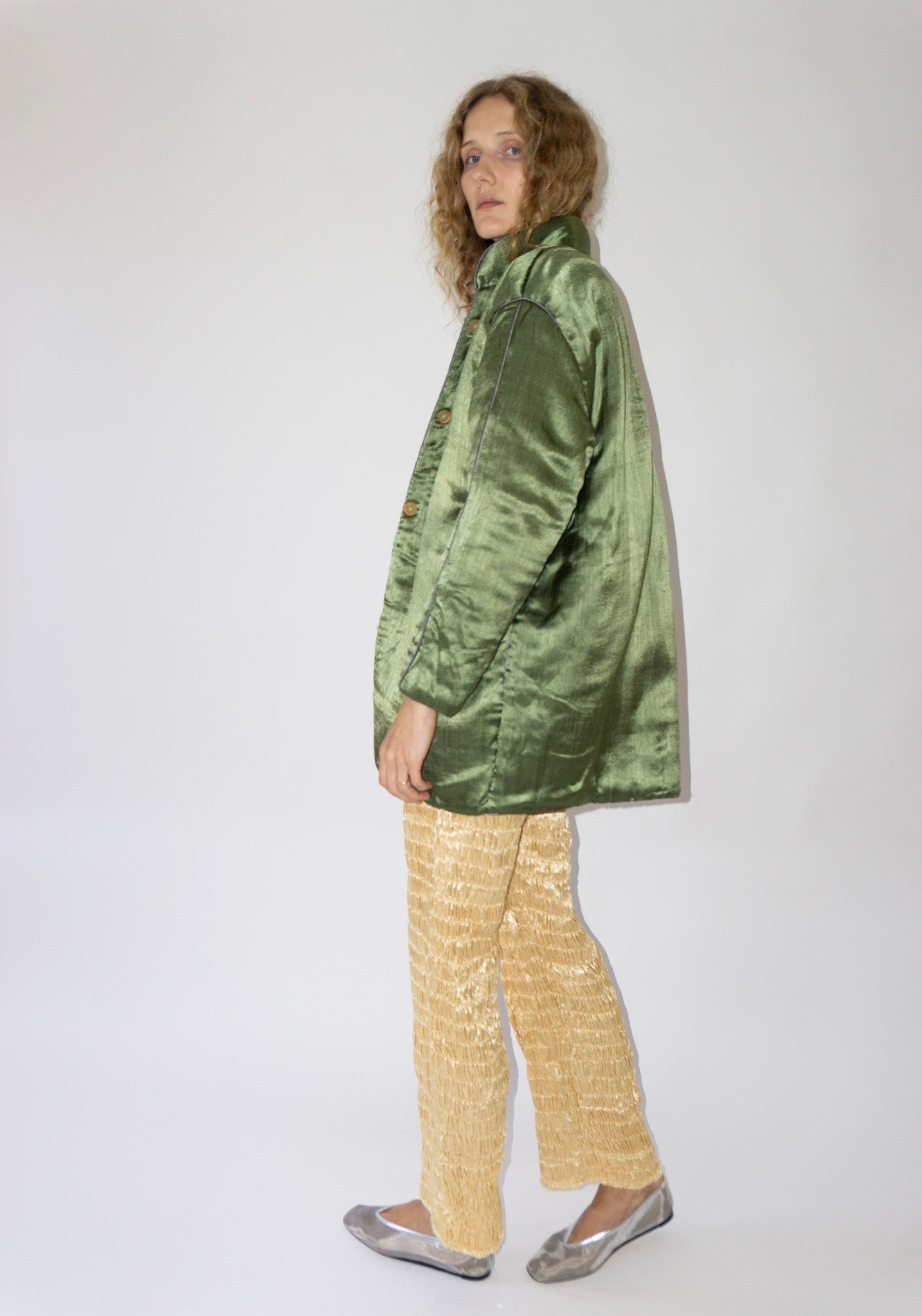 Tigra Tigra Puffy Silk Mid Coat in Olive Grey