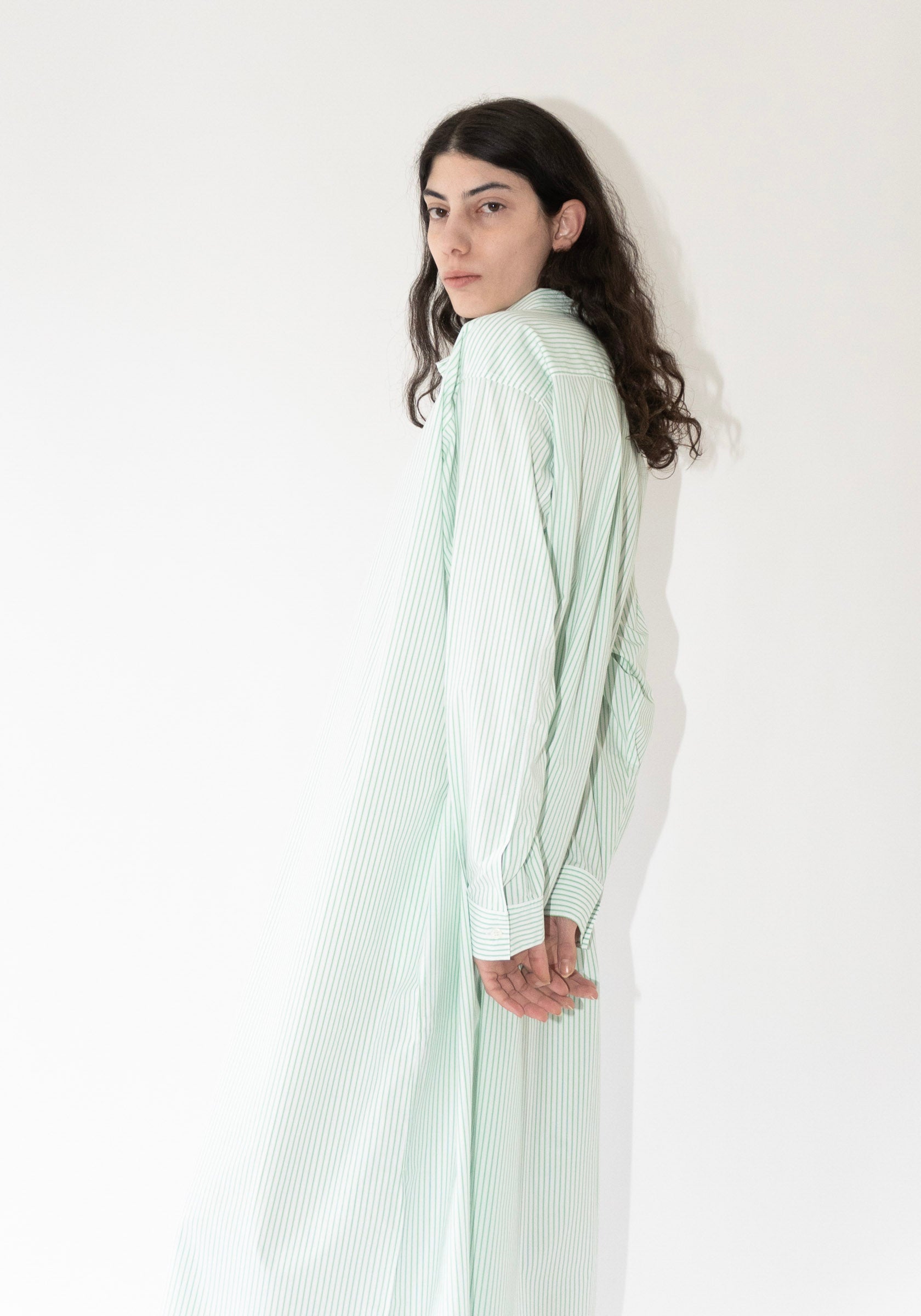 Cristaseya Maxi Shirt Dress in White and Green Stripes