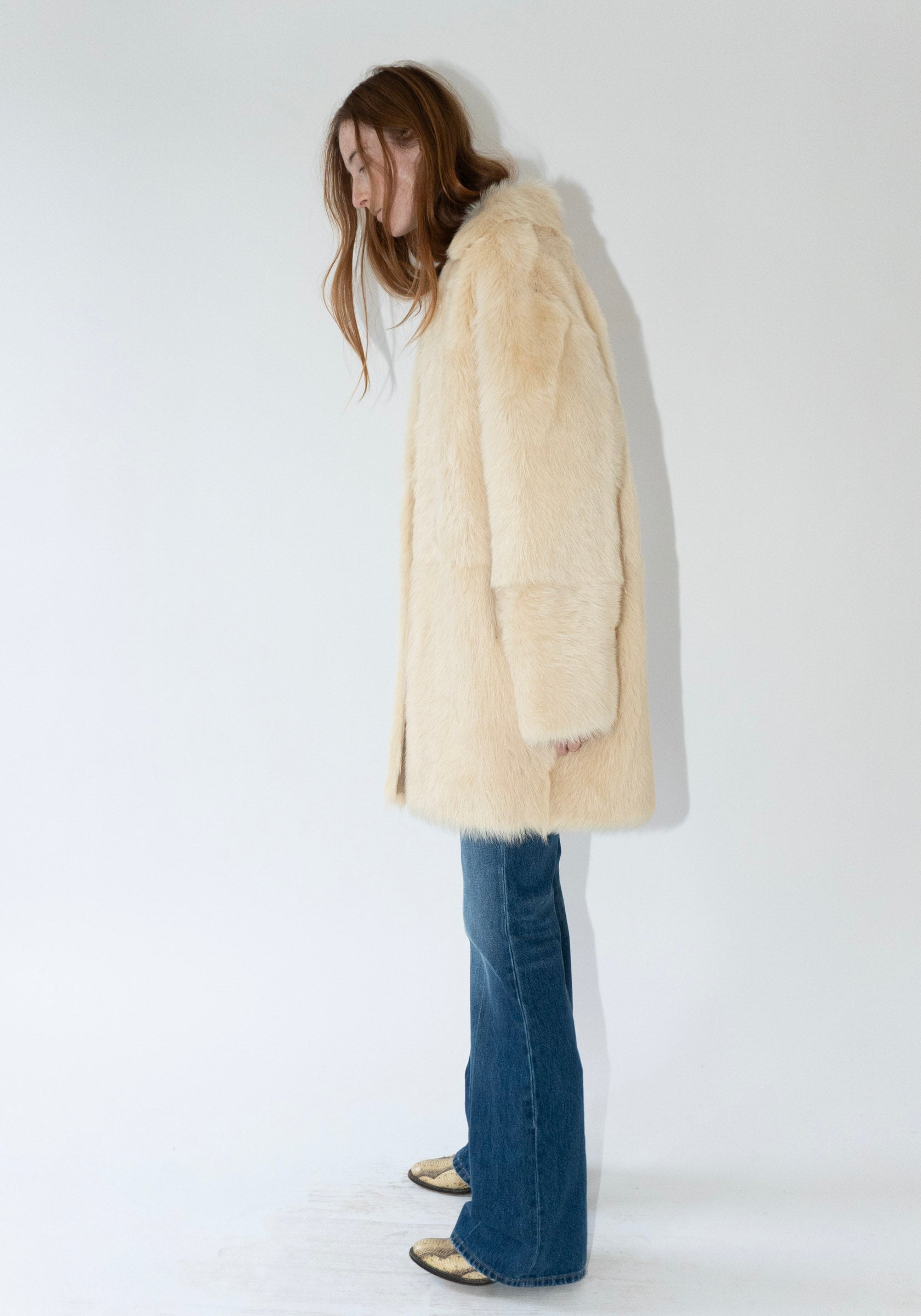 Loulou de Saison Ruben Mid Length Shearling Coat in Butter