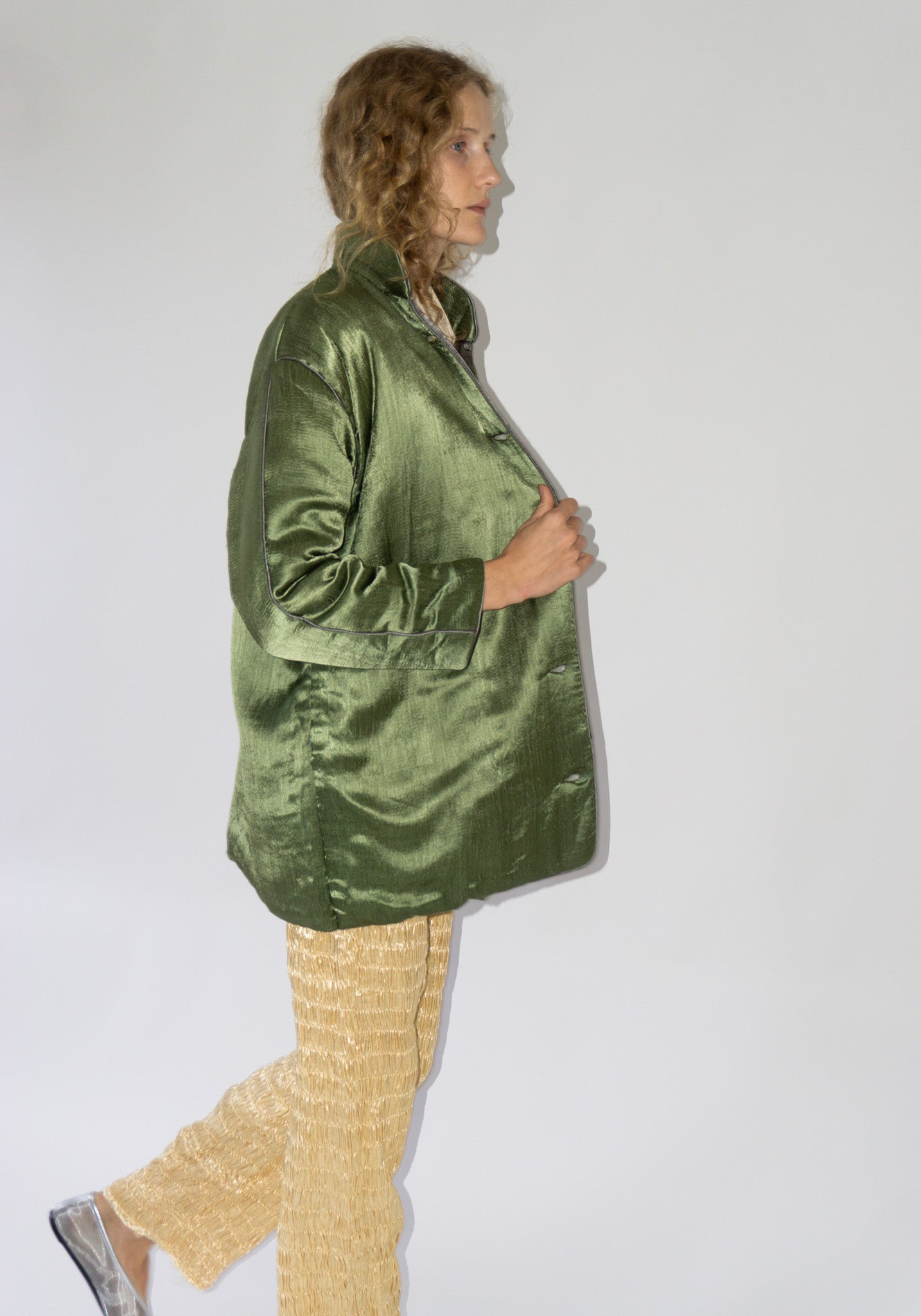 Tigra Tigra Puffy Silk Mid Coat in Olive Grey