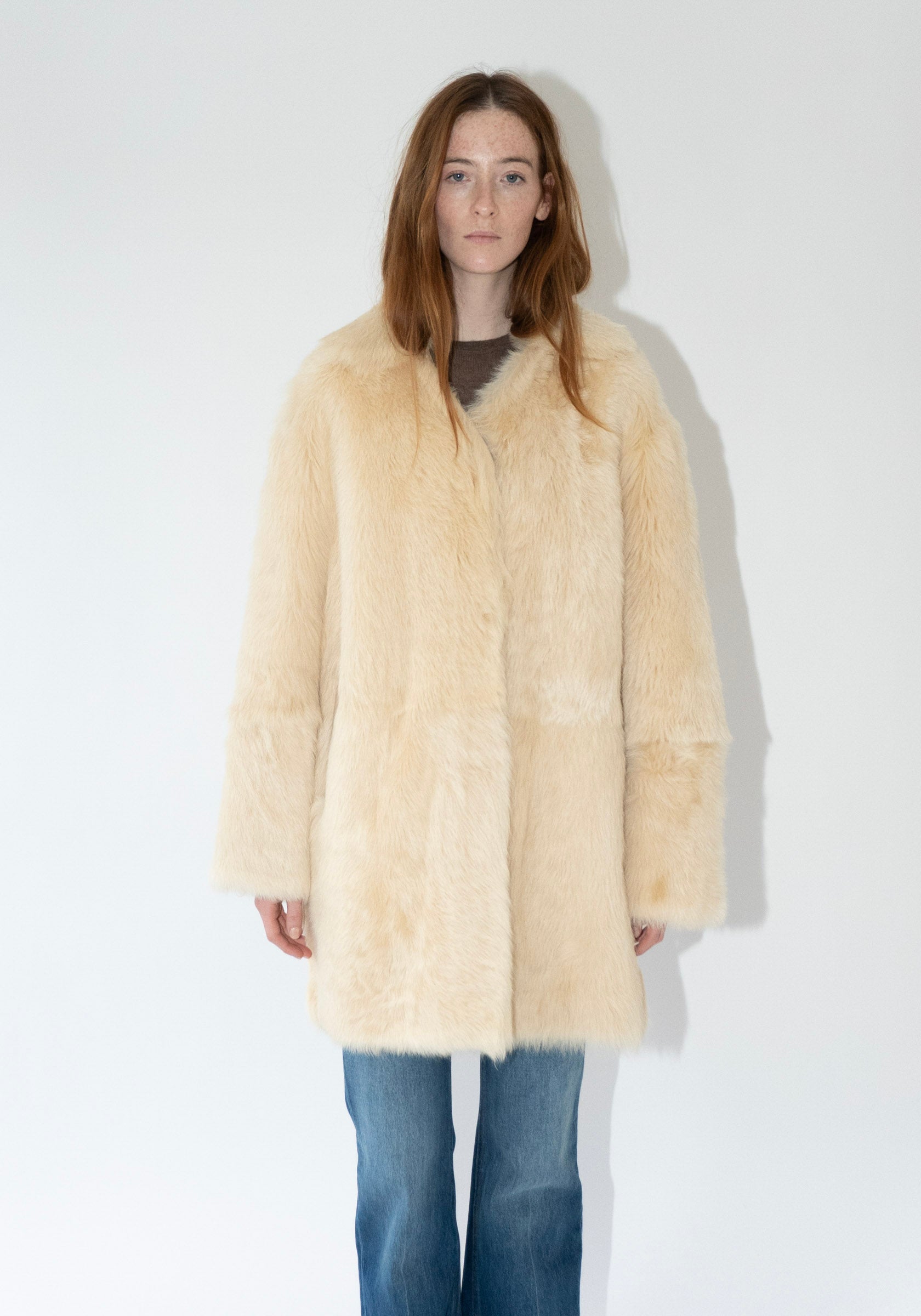 Loulou de Saison Ruben Mid Length Shearling Coat in Butter