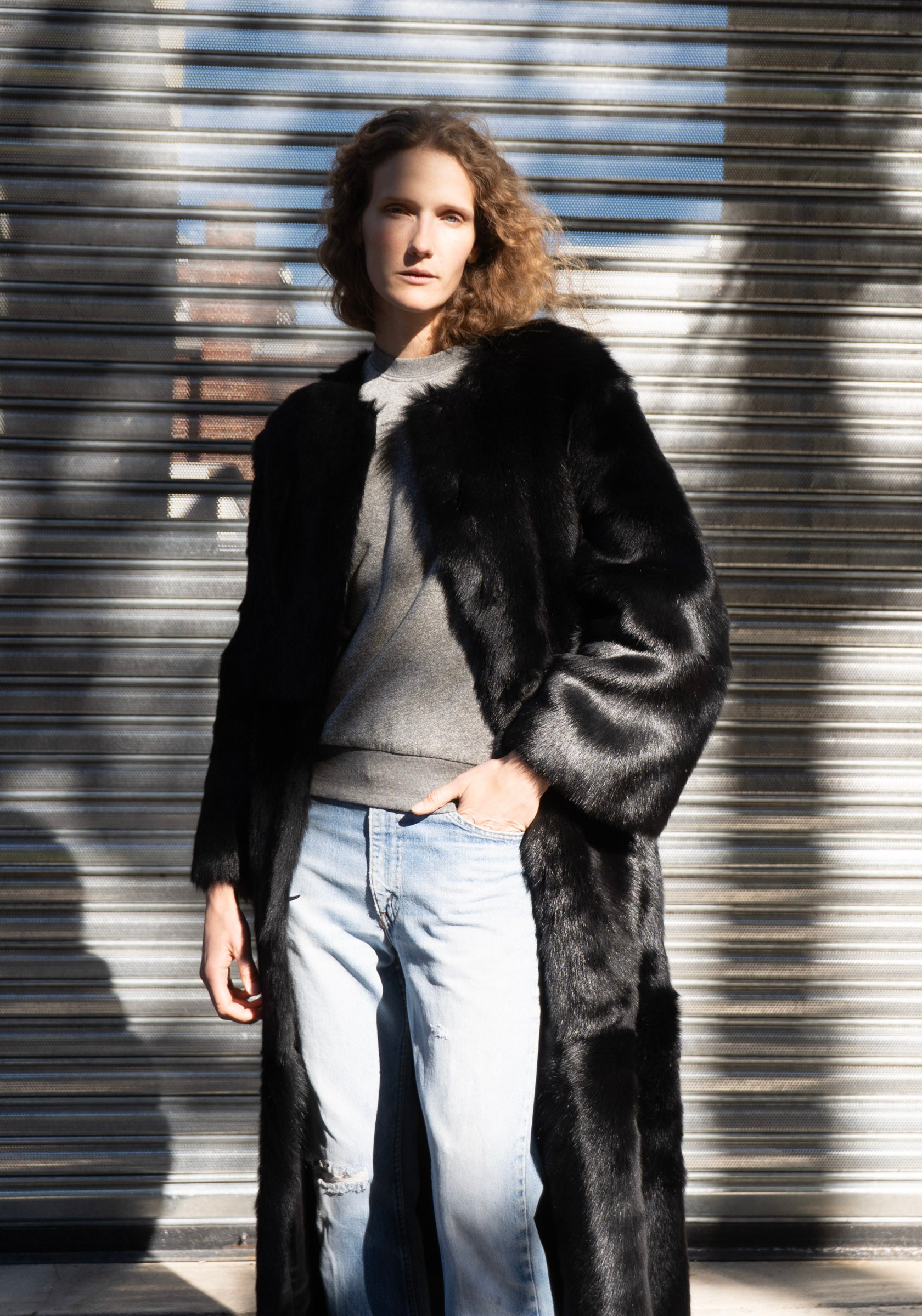 Siba Long Shearling Coat in Black