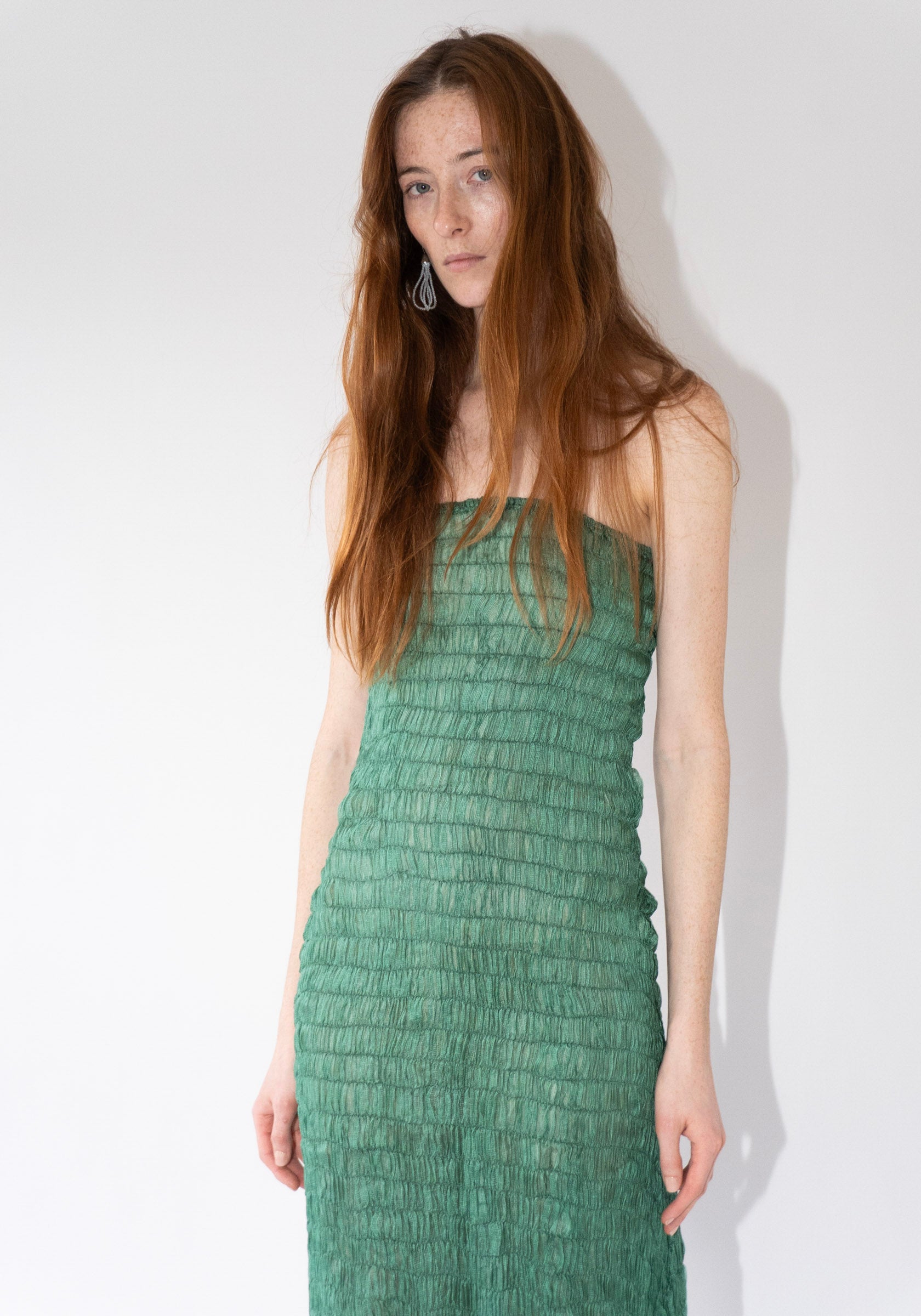 Tigra Tigra Gathered Kota Tube Dress with Beaded Fringe in Jade Green