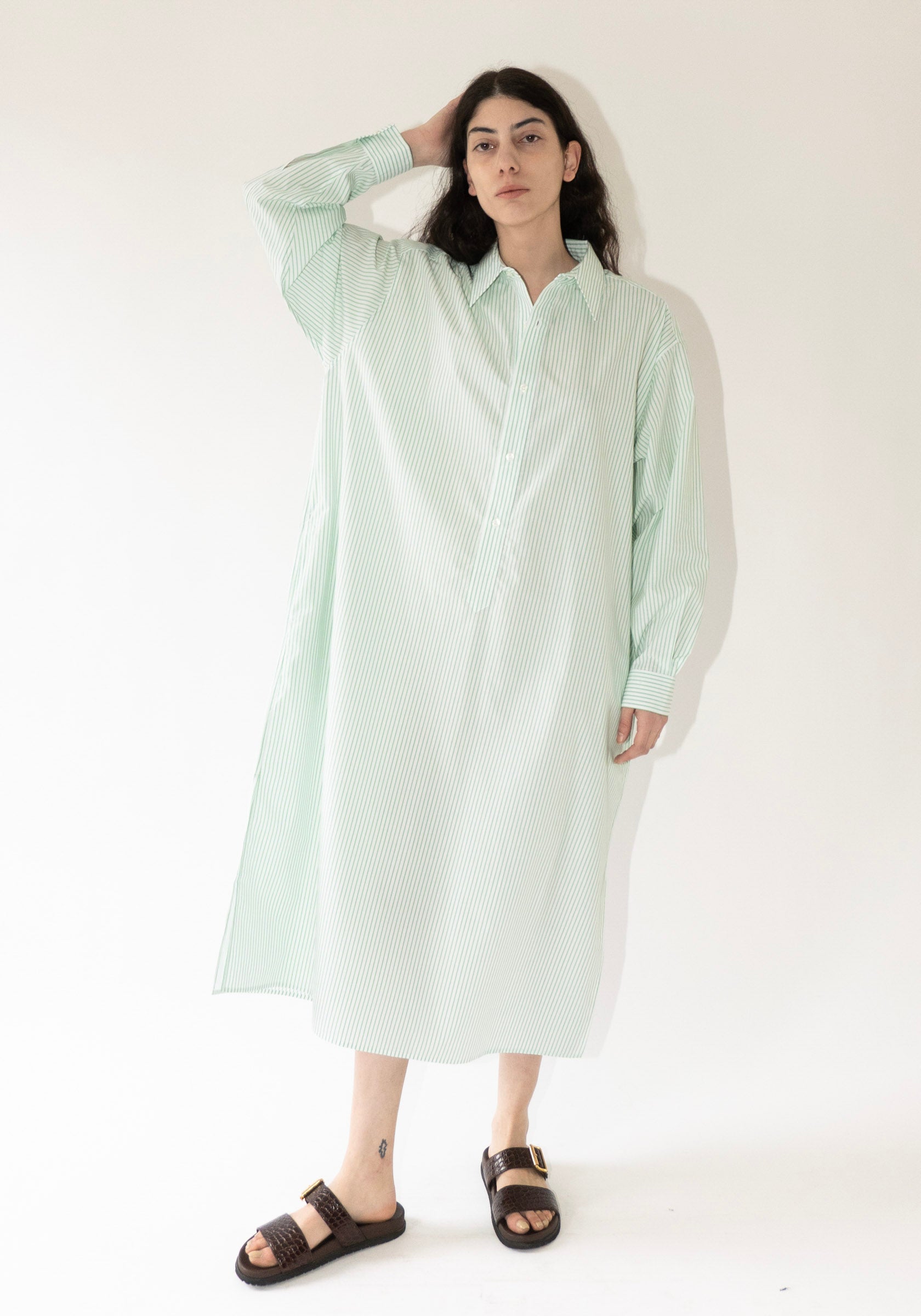 Cristaseya Maxi Shirt Dress in White and Green Stripes