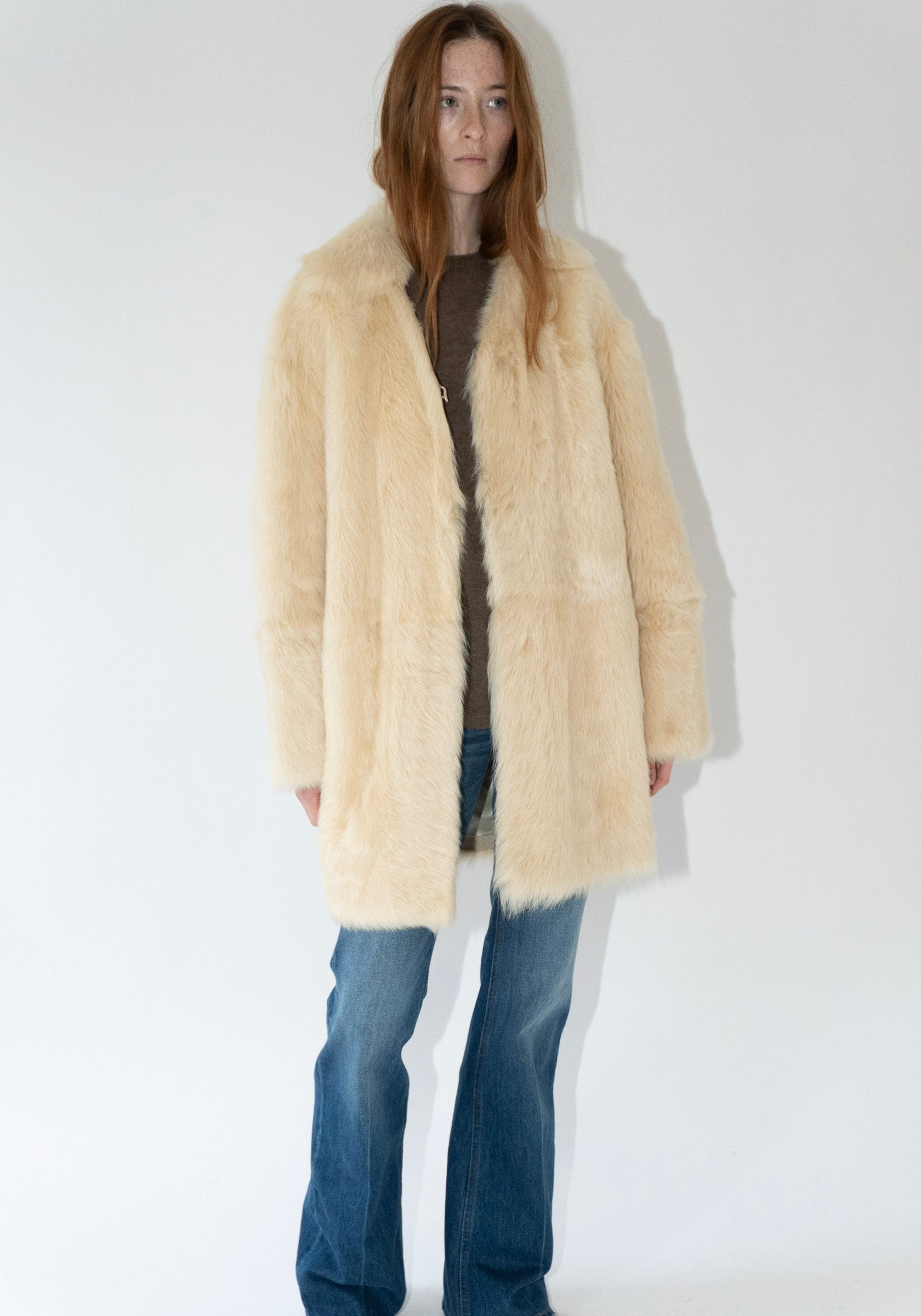 Loulou de Saison Ruben Mid Length Shearling Coat in Butter