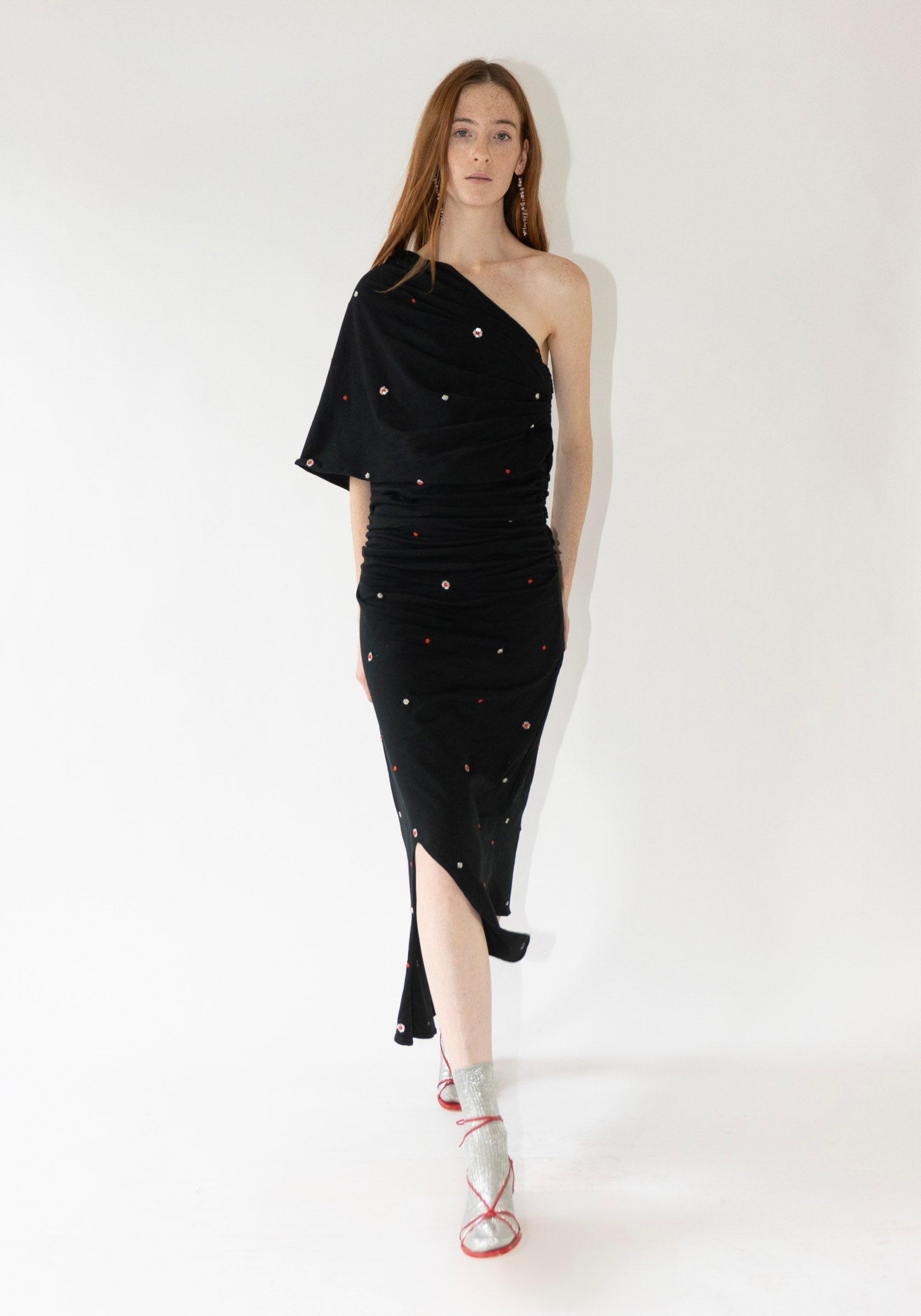 Tigra Tigra Draped T-Shirt Dress with Beadwork and Mirrors in Black