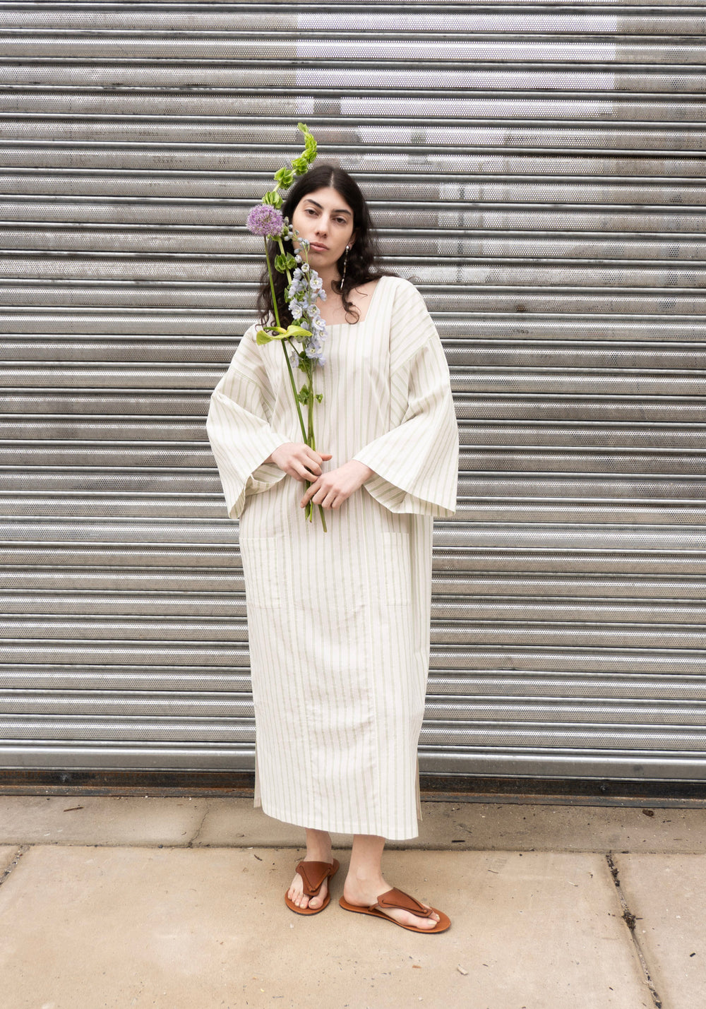 Cristaseya Square Neck Caftan Dress in White with Green Stripes