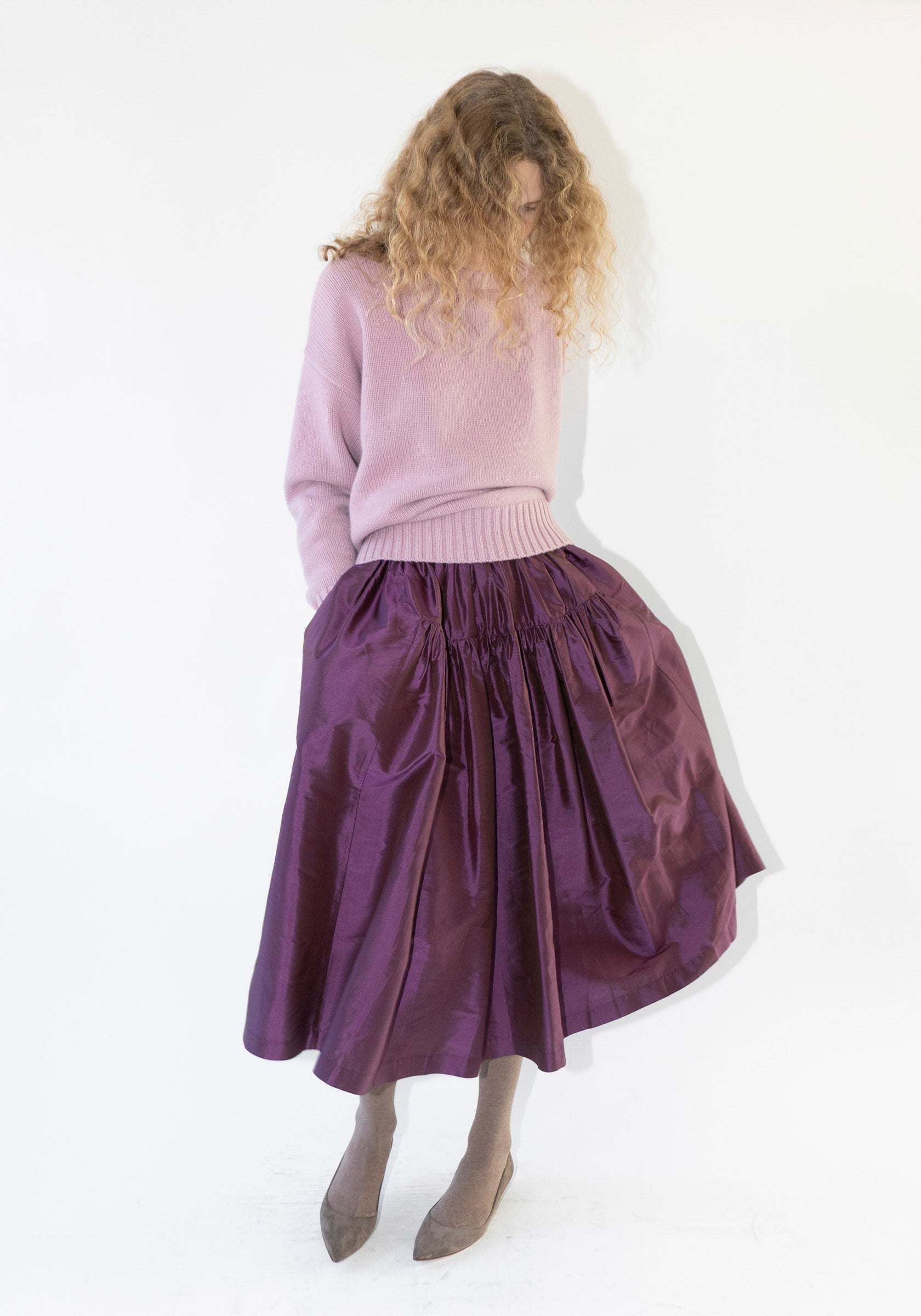 Silk Dupioni Panel Skirt in Plum